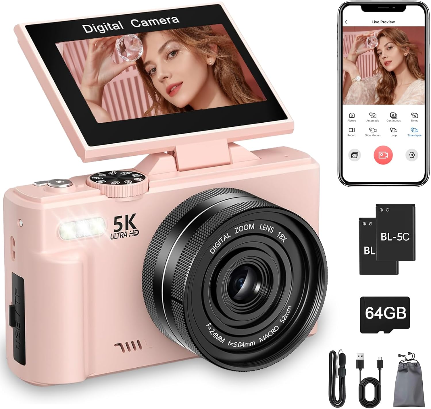 Detalle de 5K Digital Camera with 75MP Sensor and 180° Flip Screen – a beginner-friendly vlogging companion