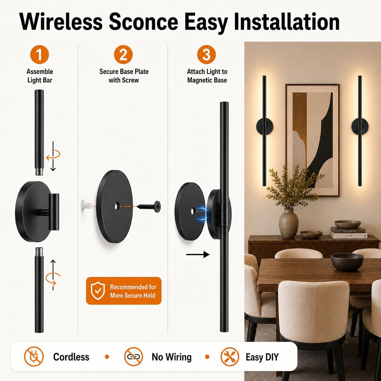Detalle de Easesonic HYD-0501501A Rechargeable Wall Sconces, 24-Inch Black, Set of 2