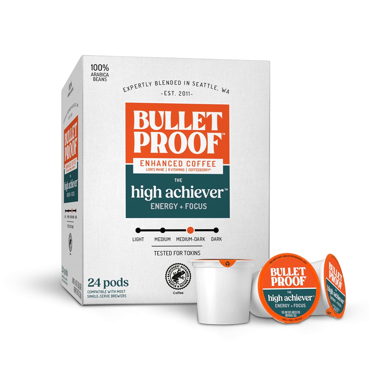 Detalle de Bulletproof High Achiever CDK01-00059 Medium-Dark Roast Coffee Pods, 24 Count