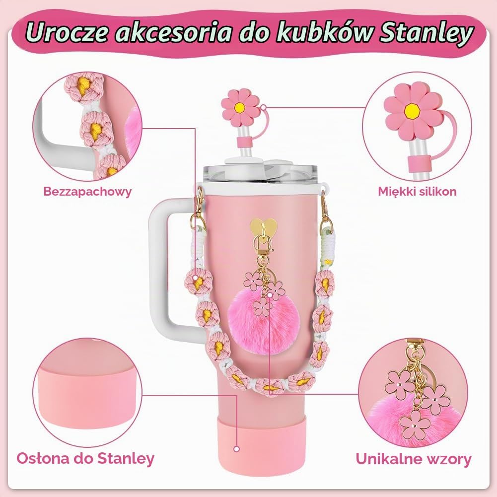 Detalle de AUAUY zestaw 7 akcesoriów do kubka Stanley: silikonowa osłona, pasek boho i dodatki