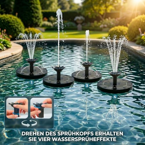 Detalle 2 de HOAMZ Solarbrunnen für Außen 3.0W | 160 mm, 4-in-1 Düse, schwimmende Pumpe für Garten, Teich, Vogelbad