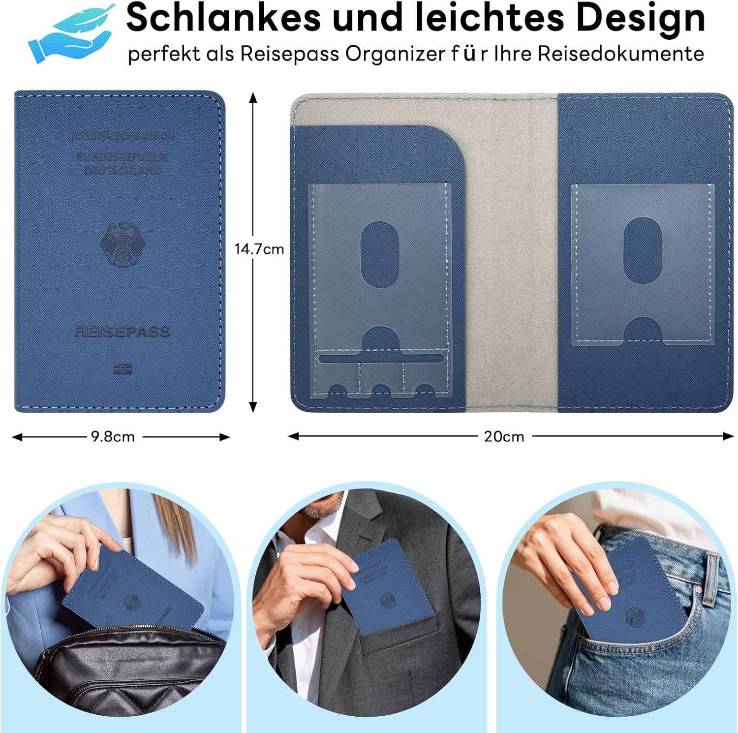 Detalle de YAVIV Reisepasshülle Premium Leder – Reise-Organizer mit RFID-Schutz, Blau