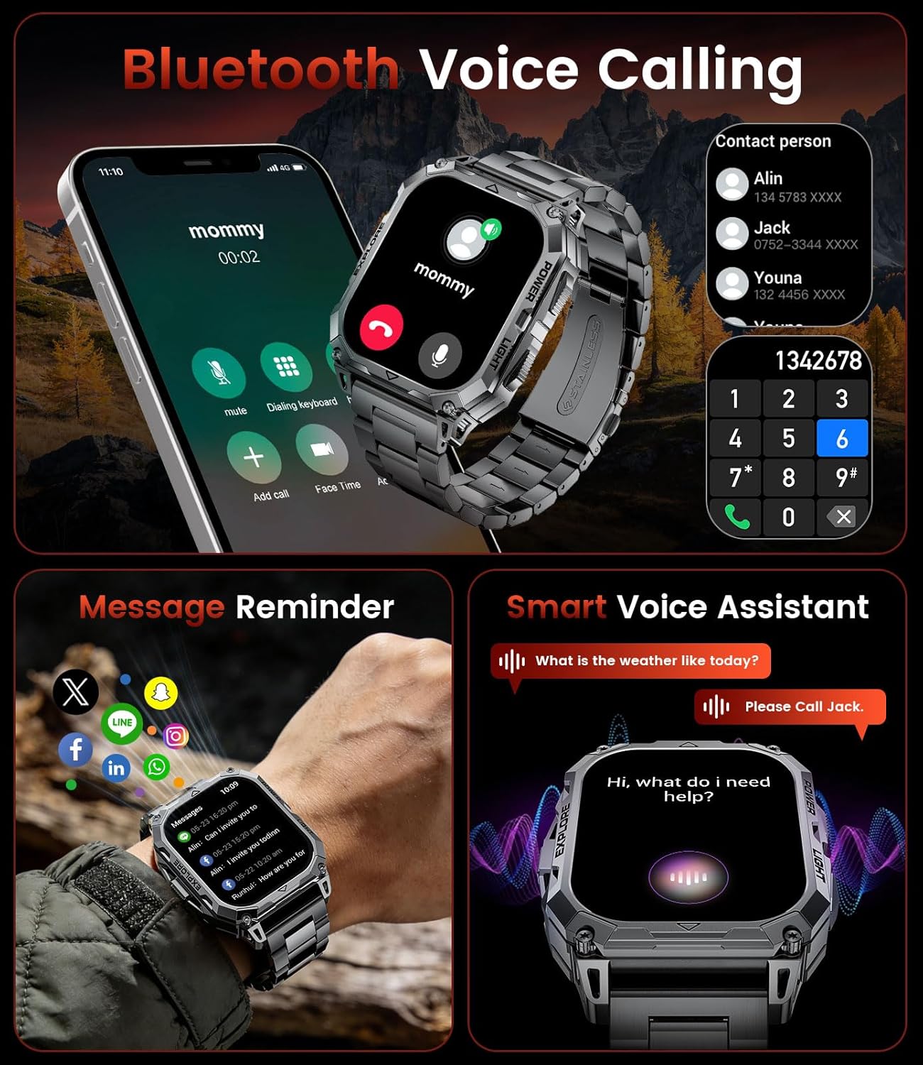 Thumbnail 3 de Montre connectée homme militaire TX13 2,01" HD — appels Bluetooth, IP68, batterie 900 mAh et 100+ modes sportifs (noir-orange)