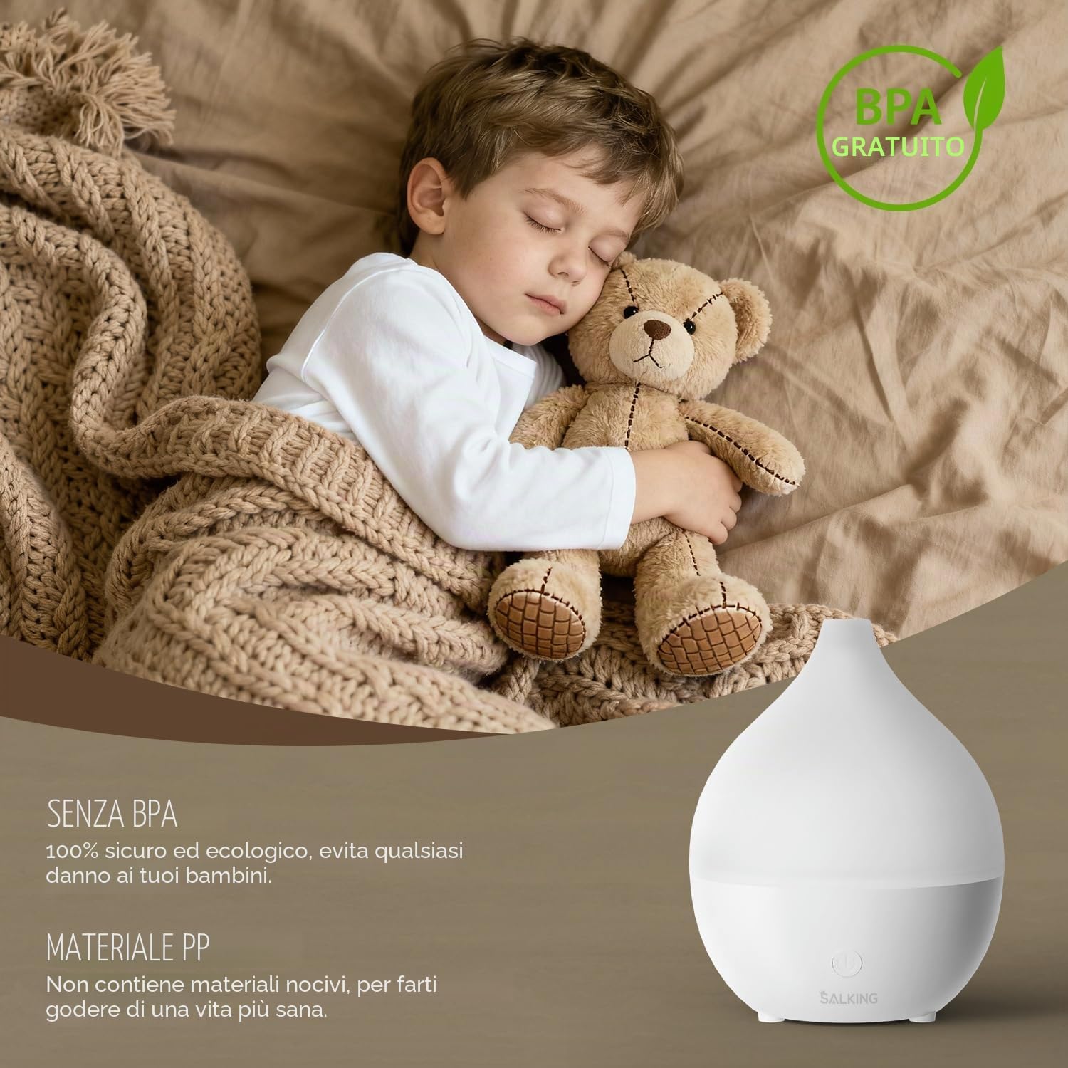 Detalle 2 de SALKING Diffusore di oli essenziali 100 ml con 8 LED e spegnimento automatico (senza BPA) bianco