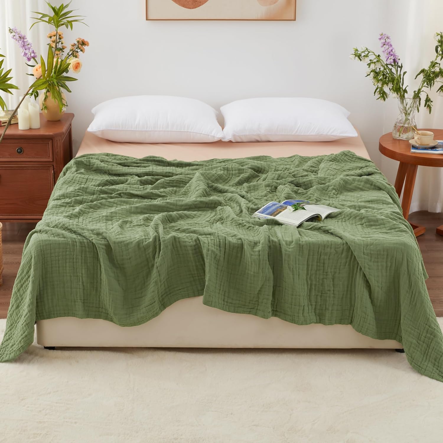 Thumbnail 1 de Love's Cabin 100% Cotton Muslin Blanket (6-Layer) – King Size, Sage Green, Lightweight Gauze