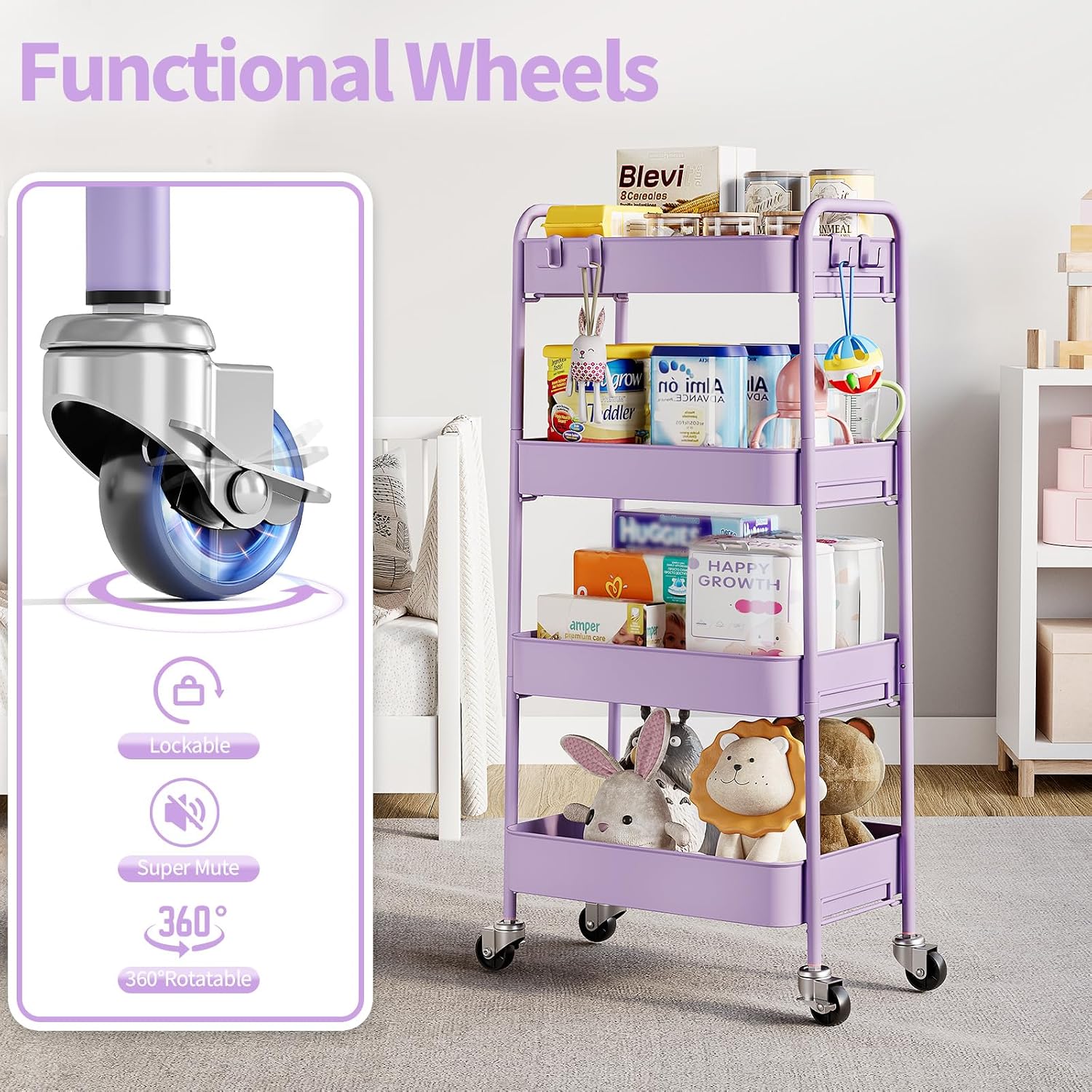 Detalle 1 de TOOLF 150106 4-Tier Metal Rolling Cart with Lockable Wheels, Purple