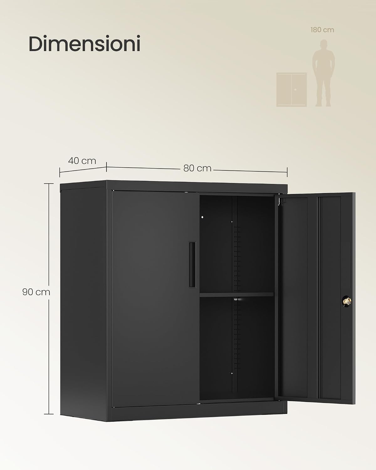 Detalle 2 de SONGMICS OMC019BD01 Armadio portadocumenti in metallo con serratura, 2 ante e ripiano regolabile 80 x 40 x 90 cm, nero opaco