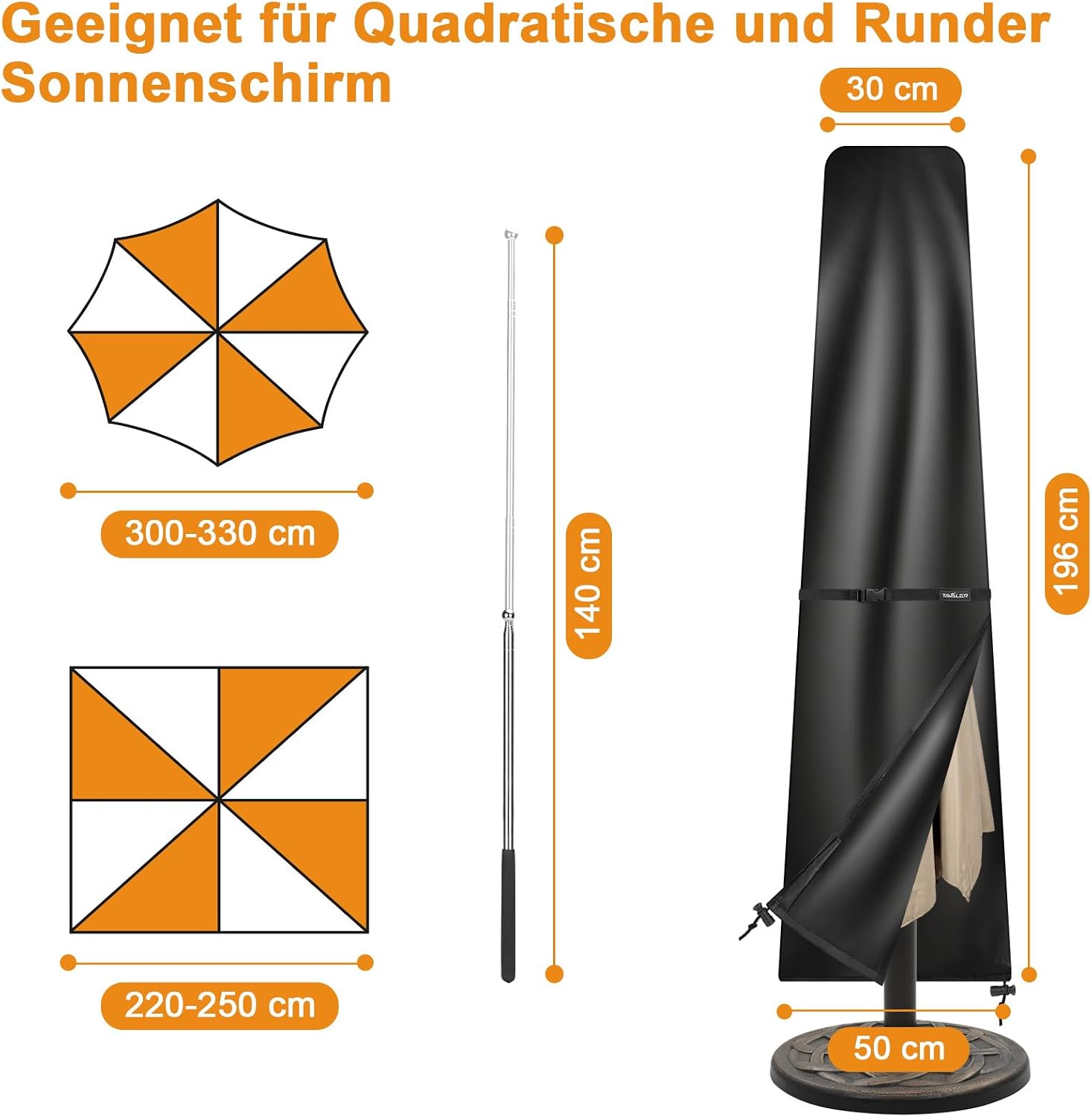 Detalle 2 de Tavaler Sonnenschirm Schutzhülle 2–3 m (196 x 30/50 cm) aus 420D Oxford mit Stab, wasserdicht & winddicht