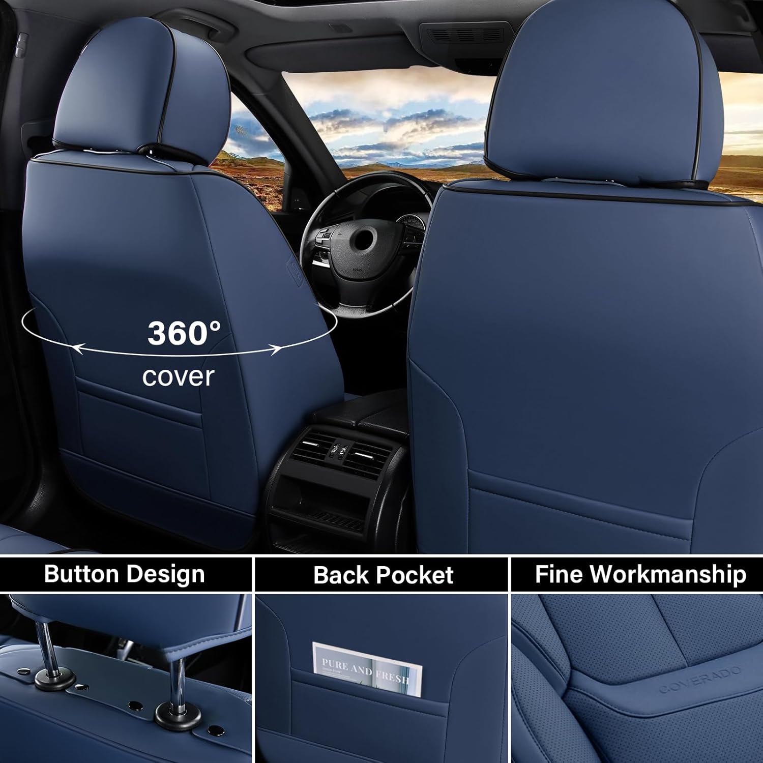 Thumbnail 2 de Coverado Car Seat Covers Full Set in NAPPA Leather (Universal Fit) – Blue