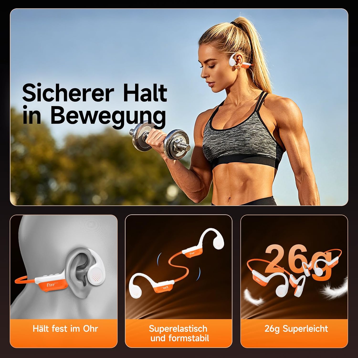 Detalle de esonstyle Knochenleitung-Kopfhörer Bluetooth 6.0, IPX7 – Open-Ear, 10 Std. Akku, wasserdicht