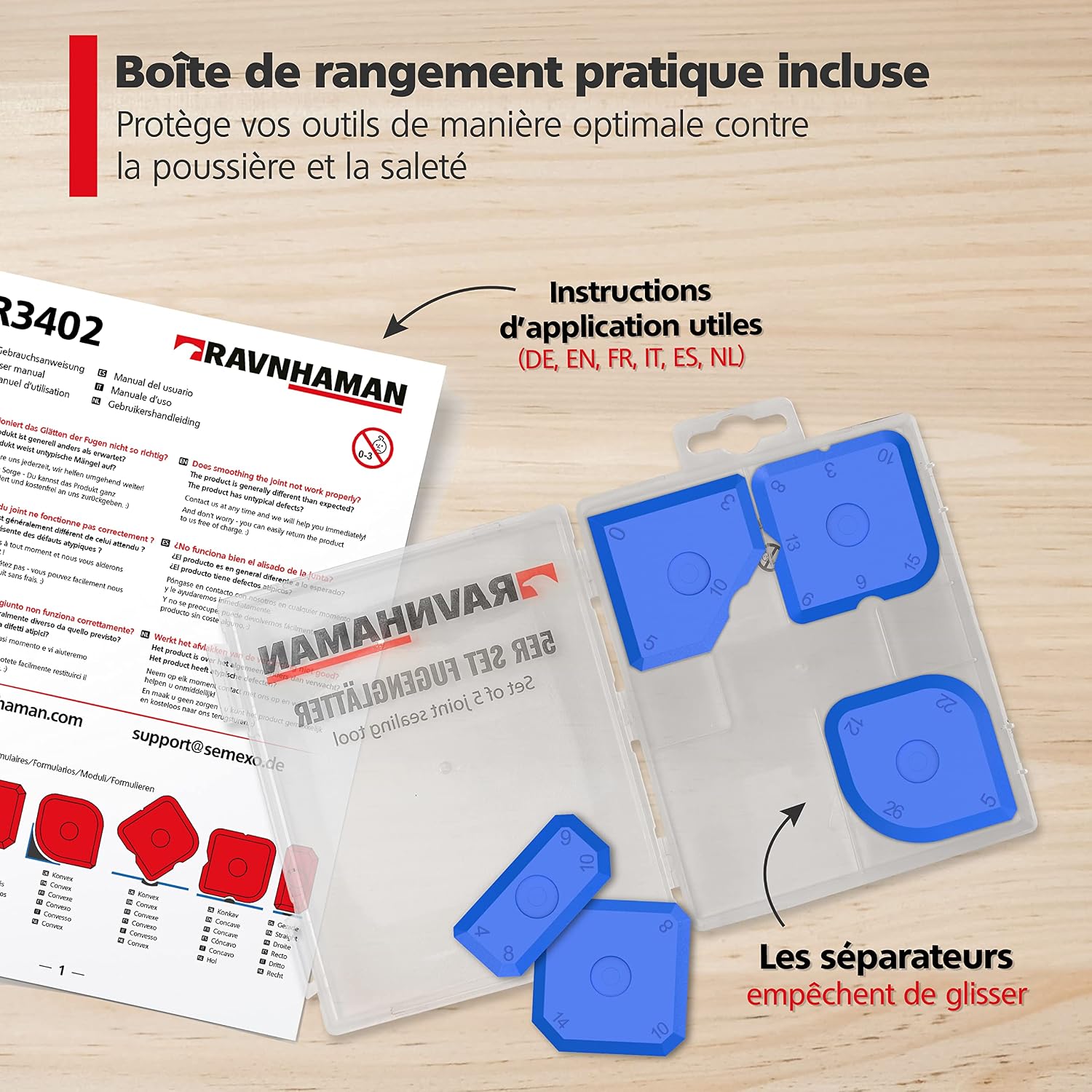 Detalle 2 de RAVN HAMAN Set de 5 lissoirs à joints bleu (acrylique et silicone) avec 23 formes – outils de calfeutrage