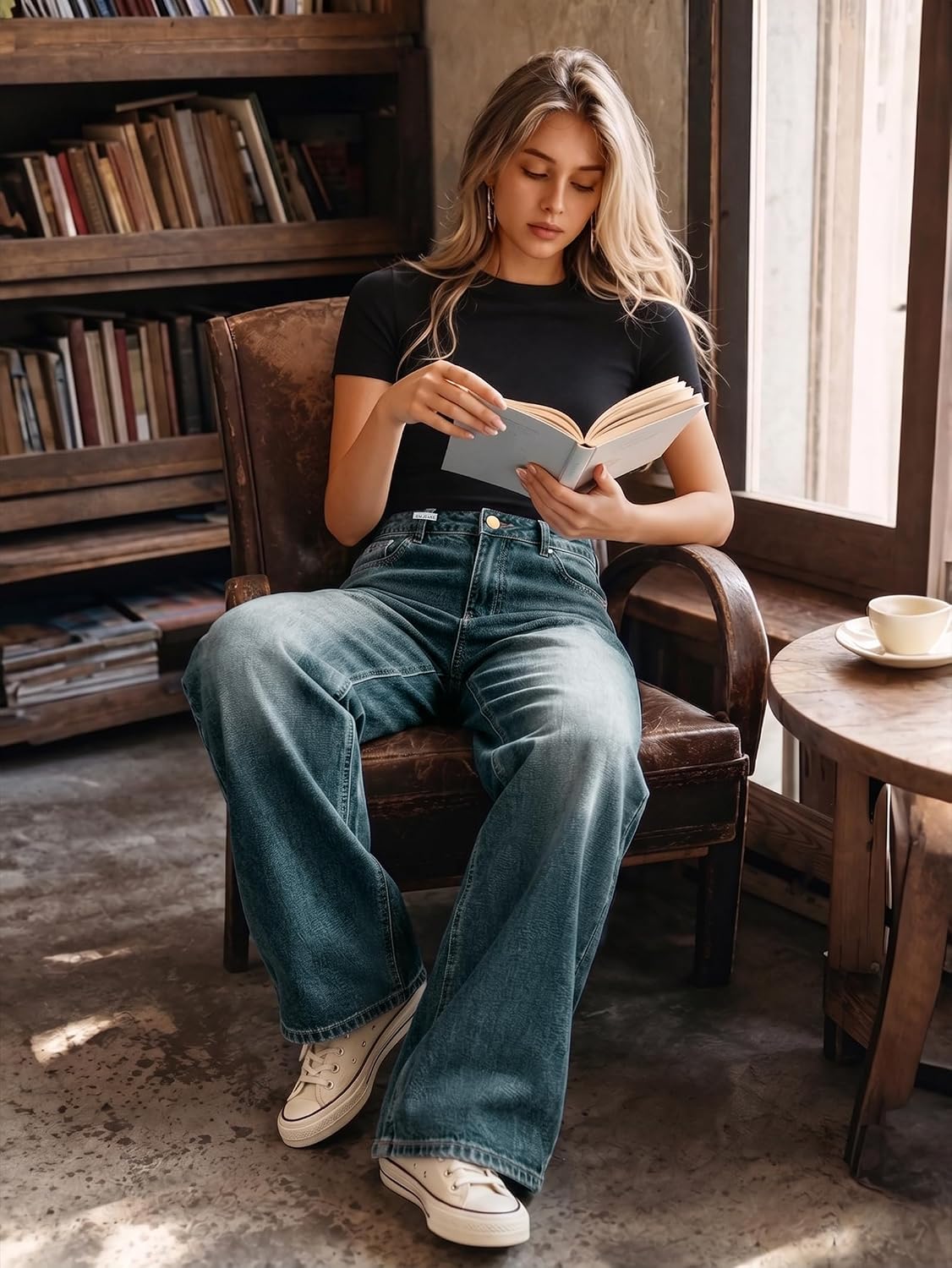 Detalle de EMMIOL Women Baggy Jeans — Mid-Low Waist Boyfriend Wide-Leg Denim Pants