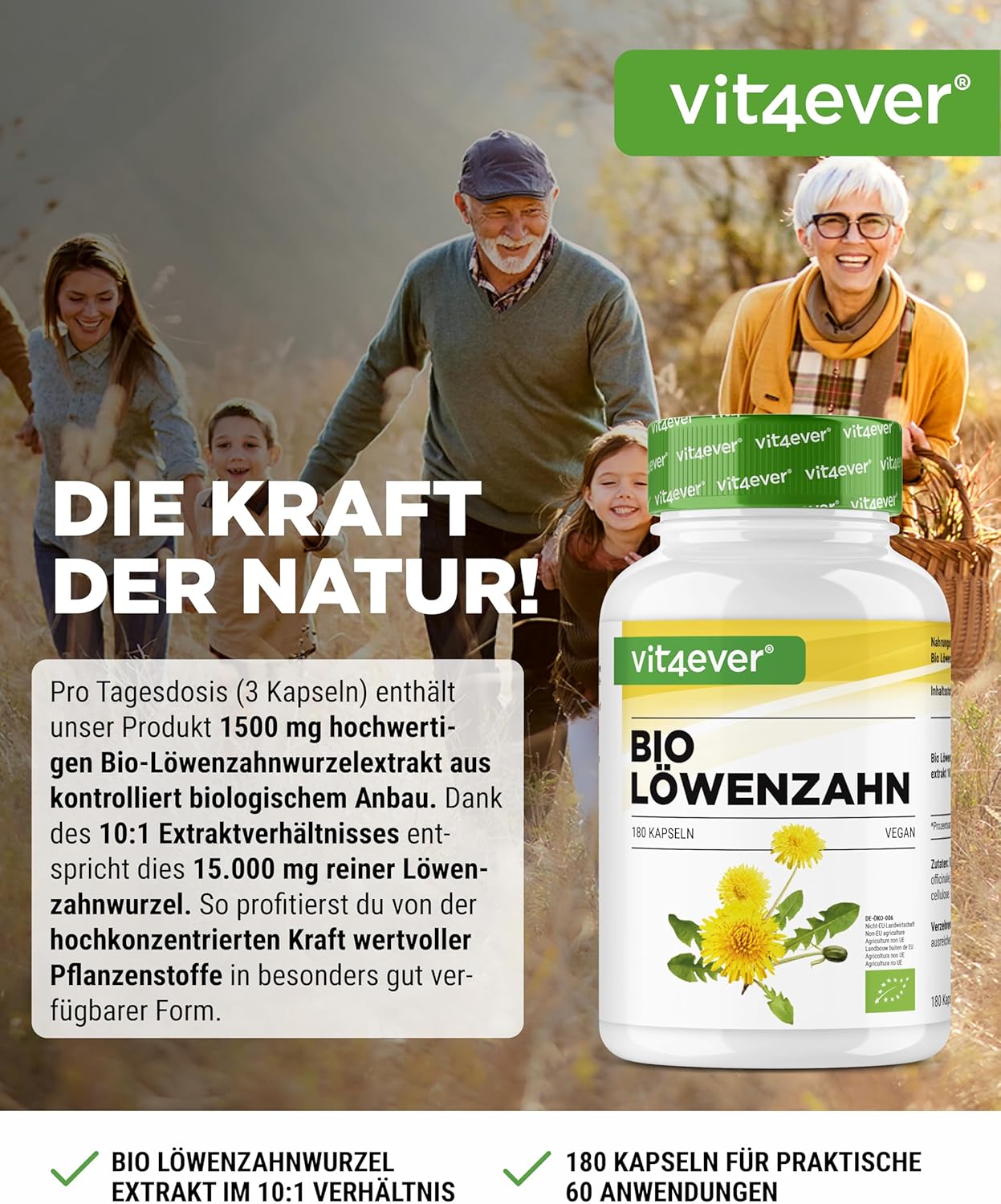 Thumbnail 1 de vit4ever Bio Löwenzahn – 180 Kapseln (1.500 mg Löwenzahnwurzelextrakt, 10:1)