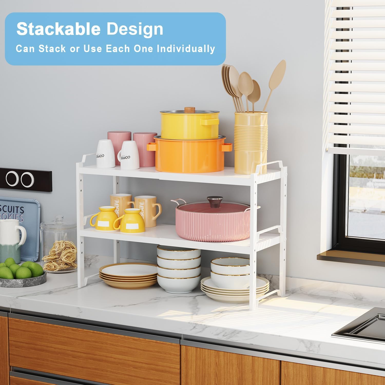 Thumbnail 2 de 2-Pack Expandable Adjustable Kitchen Cabinet Shelves Organizer (Stackable Metal Riser Stand) — 20.5" Length, 22 lbs Capacity