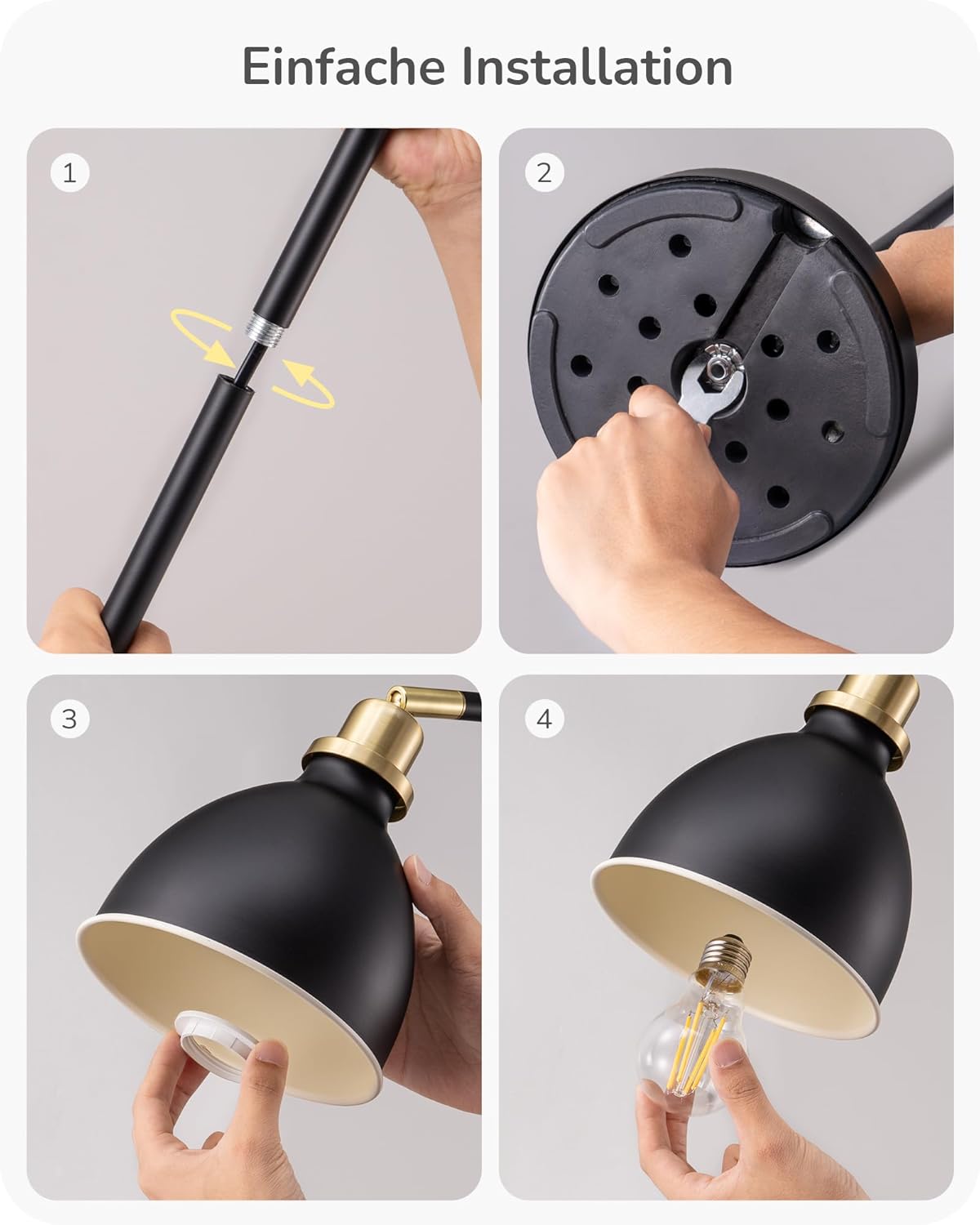 Thumbnail 5 de EDISHINE Industrielle Stehlampe im Retro-Look mit verstellbarem Kopf, E27 & LED (schwarz)