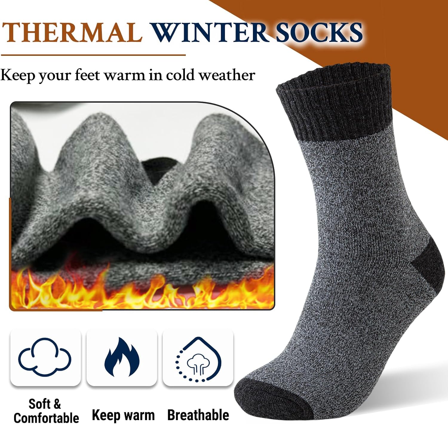Detalle 2 de VoJoPi 5-Pair Men's Thermal Crew Socks, Wool-Polyester Blend