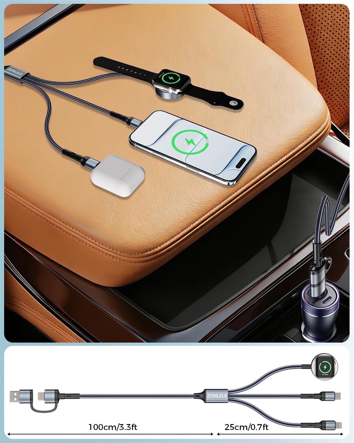 Thumbnail 3 de ZONLELE Travel Essentials 3-in-2 USB-C Multi Charging Cable for Apple Watch and iPhone – 4ft, Car/Travel Friendly