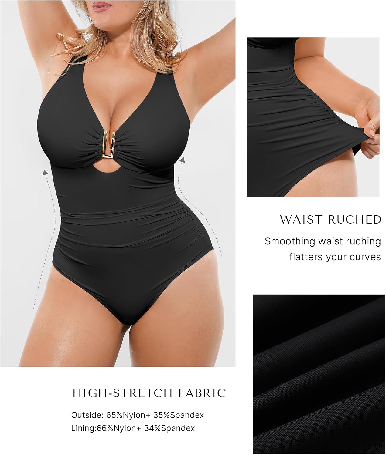 Detalle de SHAPELLX Tummy Control One-Piece Swimsuit with V Neck & Ruched Shaping