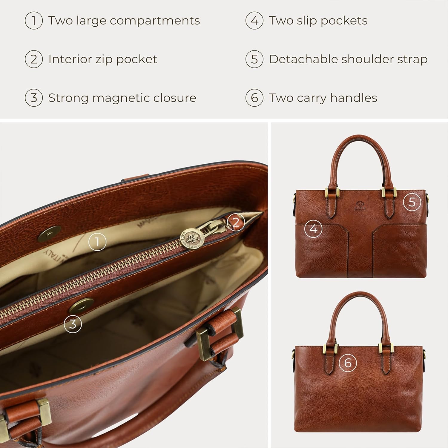 Thumbnail 5 de Time Resistance Tote bag en cuir pour femme — Sac à main moderne en cuir, fait main en Italie