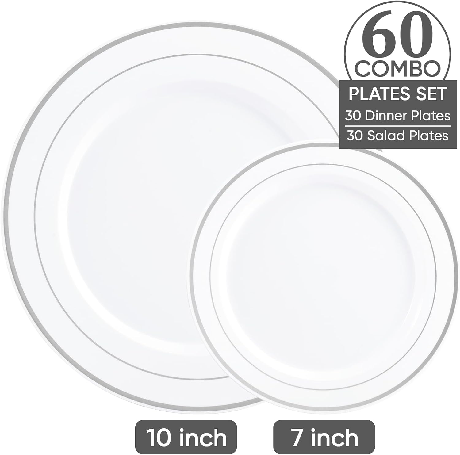 Detalle 2 de FOCUSLINE Silver Plastic Plates Set of 60 – 10" Dinner + 7" Salad Plates with Elegant Silver Rim