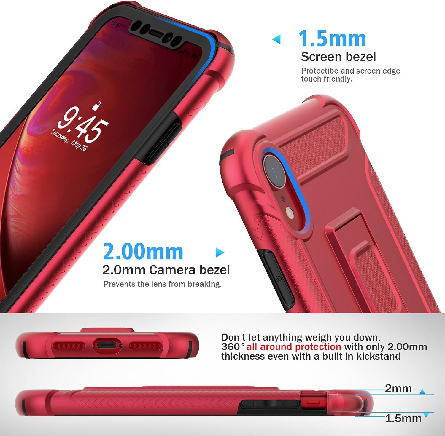Detalle de ORETECH 5-in-1 Hülle für iPhone XR (6,1") mit 2 Schutzfolien, Ständer und Vollschutz – Rot