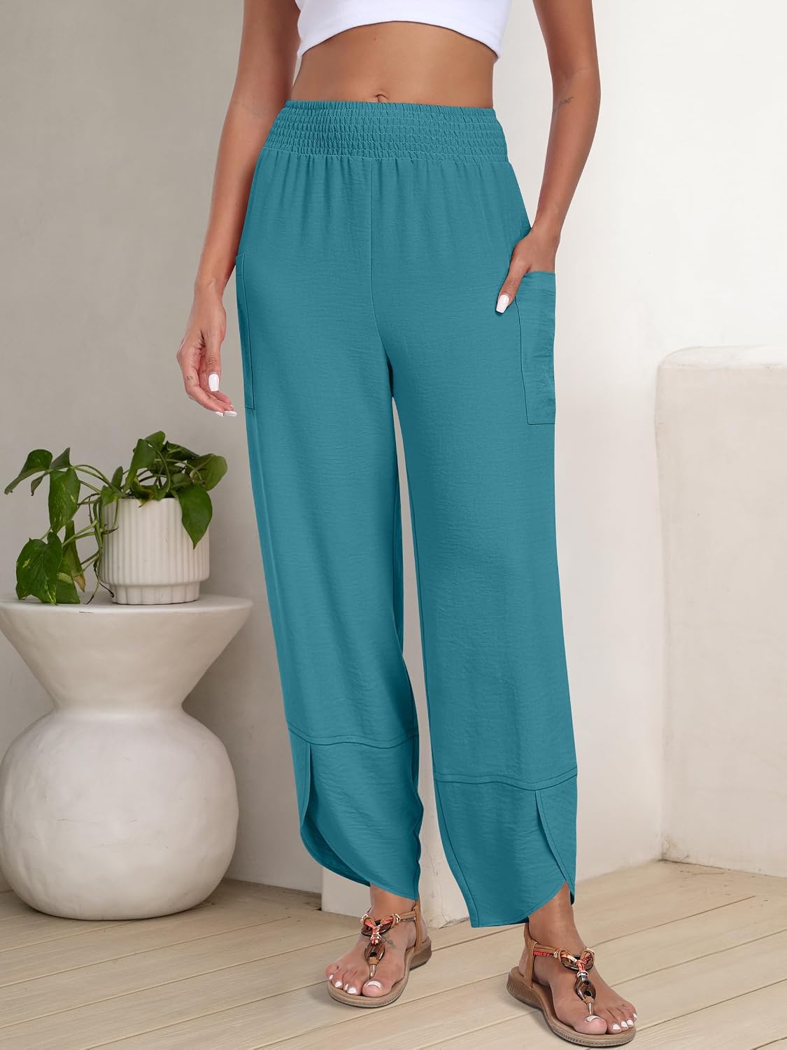 Detalle de ANRABESS Women’s Wide-Leg Palazzo Capri Pants (Summer High-Waisted) — Loose, Cropped Lounge Trousers