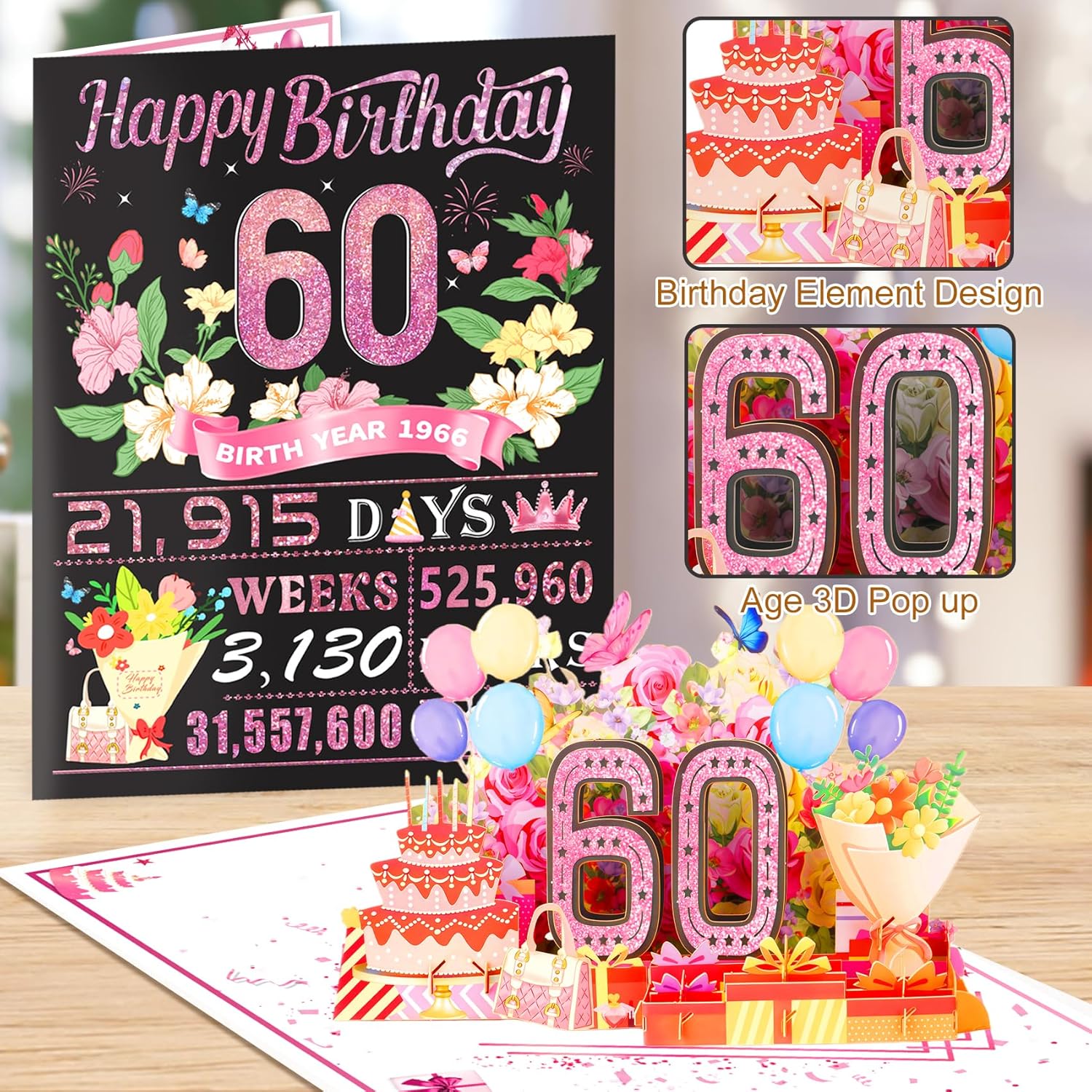 Thumbnail 3 de Awrmoo 60th Birthday Cards for Women – 3D Pop Up 60th Card with Rose Gold 1966 Gilded Cover