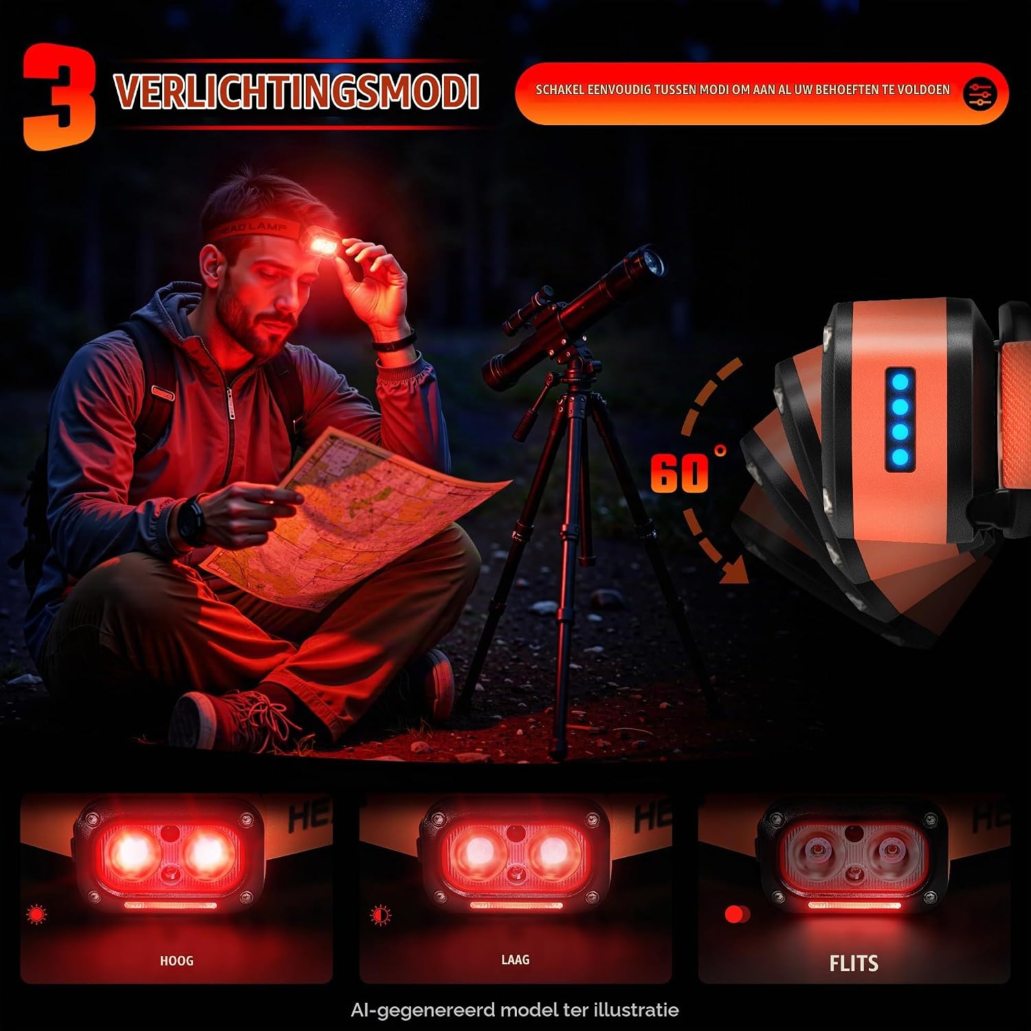 Detalle de DARKBEAM F01-RR rode LED-hoofdlamp met bewegingssensor en USB-C