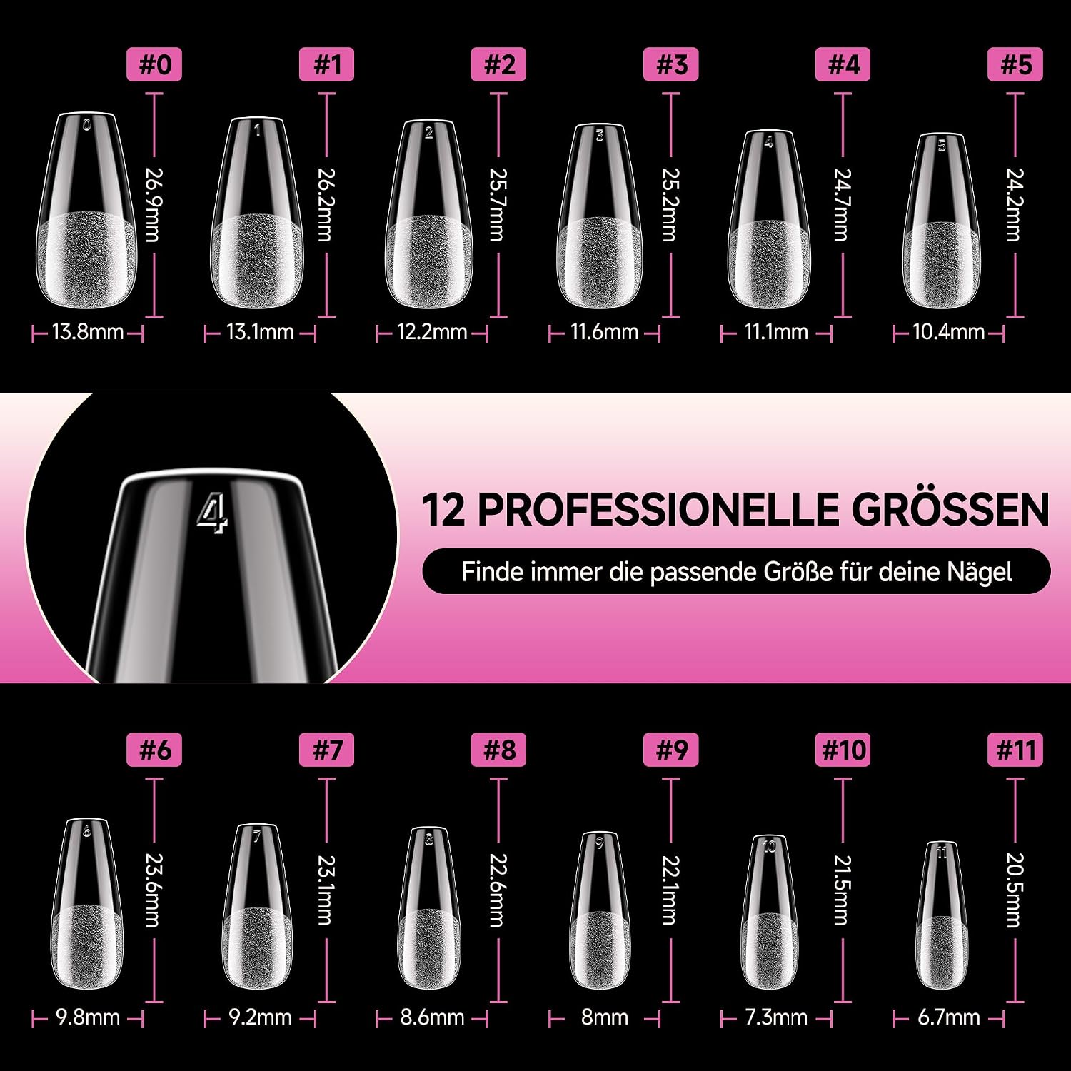 Thumbnail 6 de UNA GELLA Medium Ballerina Nagelspitzen – 120 Stück, 12 Größen, Klar, Coffin-Form, Halbfestes Gel für DIY & Salon