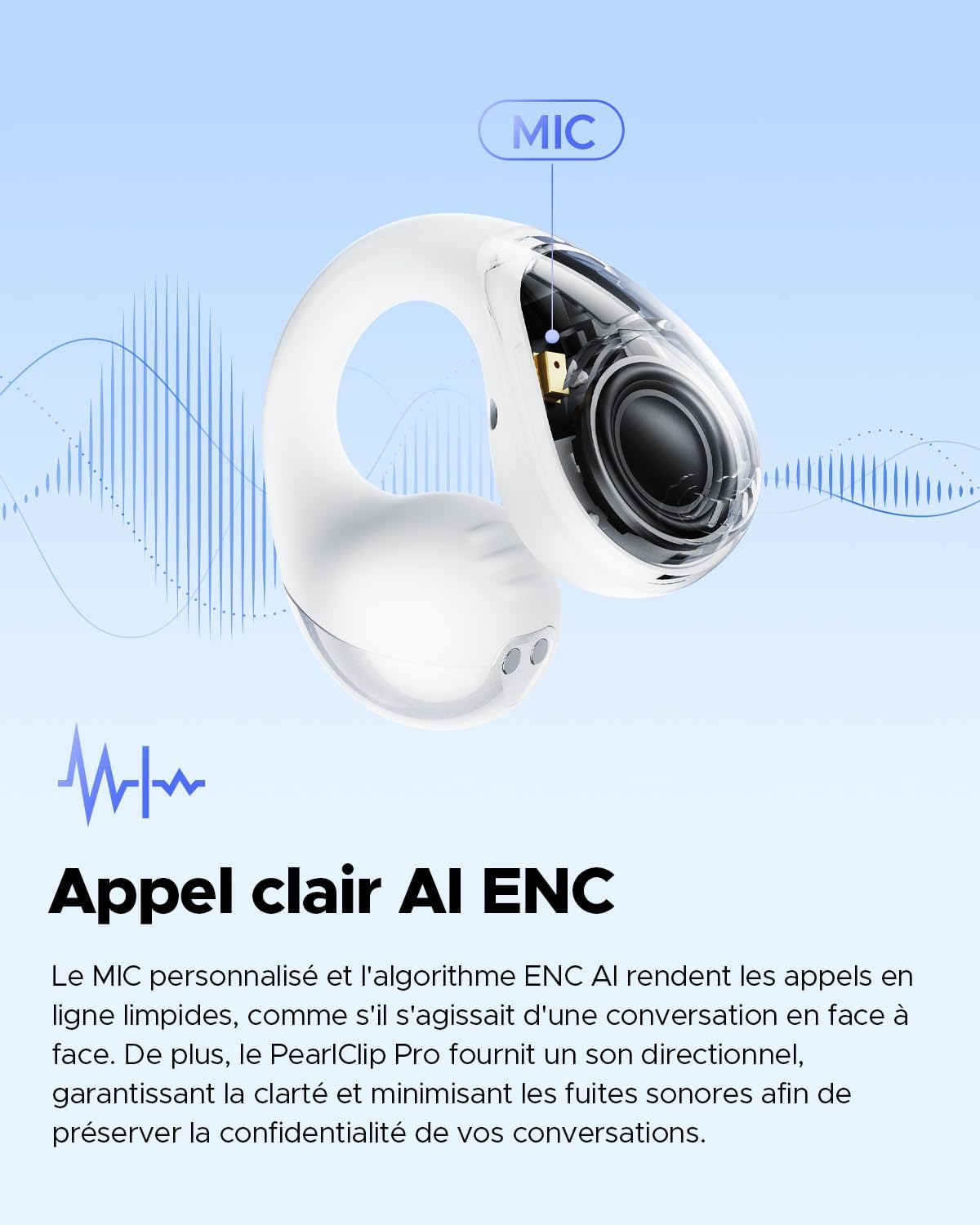 Detalle de SoundPEATS Pearlclip Pro — Casque Sans Fil avec drivers 12 mm, IPX5 et application PeatsAudio