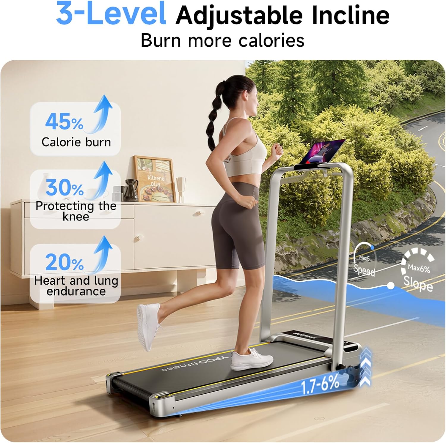 Detalle de YPOO M4538J Foldable Walking Pad Treadmill with Handlebar and 3-Level Incline