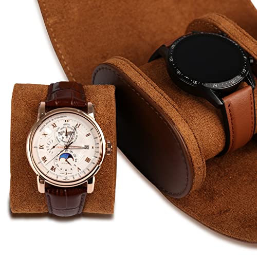 Detalle de RoYiio Caja de Reloj Cilíndrica con 2 Ranuras – Estuche de viaje luxe en Marrón para relojes
