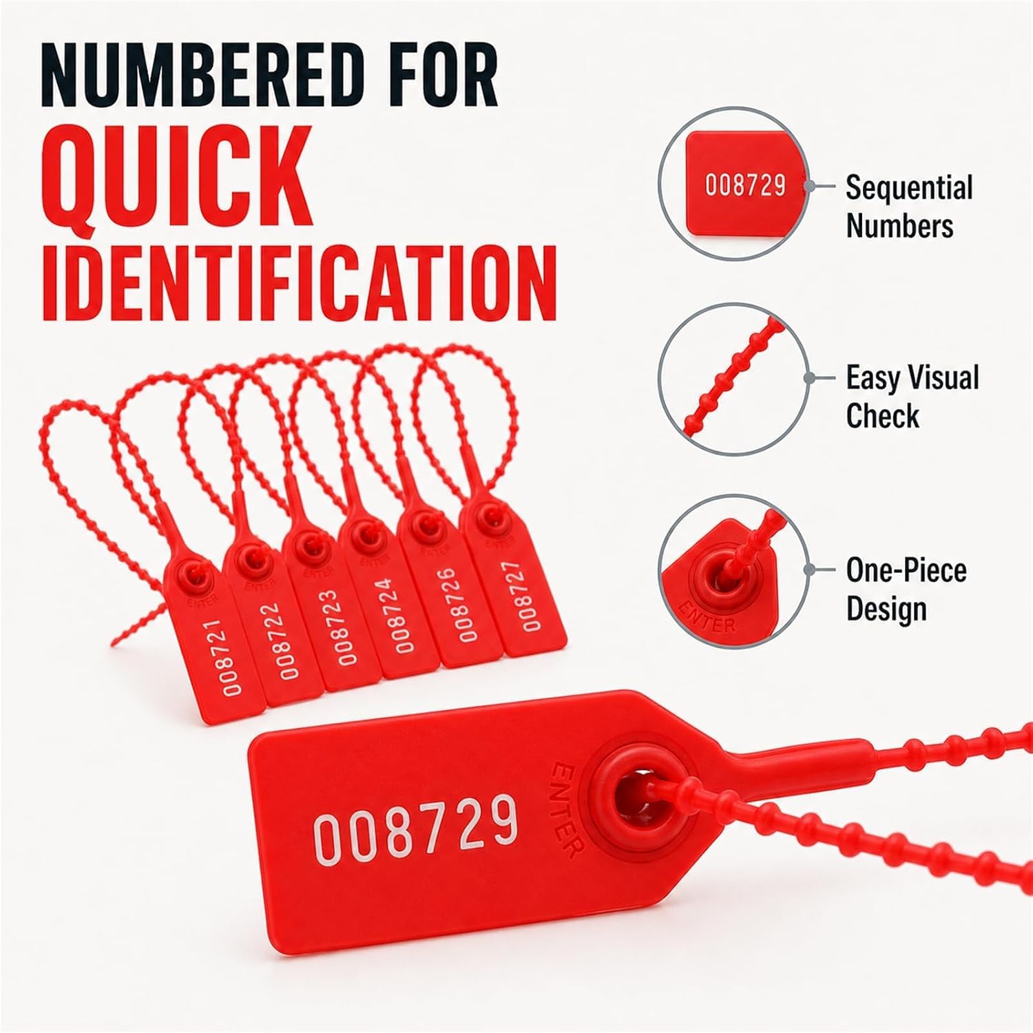 Detalle de Hsoryrt Numbered Tamper-Evident Cable Seals, 250 mm, Red, 100-Pack