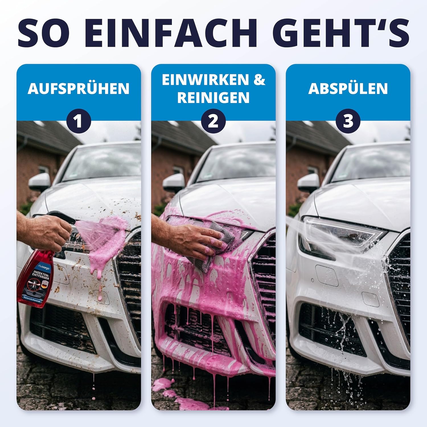 Detalle de LICARGO Insektenentferner Auto 750 ml – Insekten-, Vogelkot- und Flugrostentferner für Glas, Lack, Chrom & Kunststoff