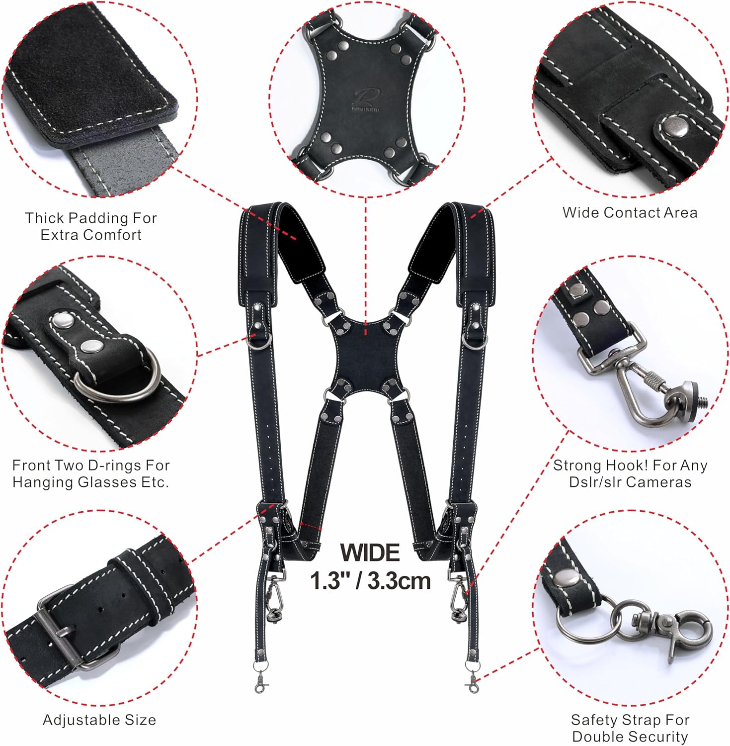 Thumbnail 4 de Padwa Lifestyle Black Frosted Dual Camera Harness Strap – Full Grain Leather, Dual Camera Carry