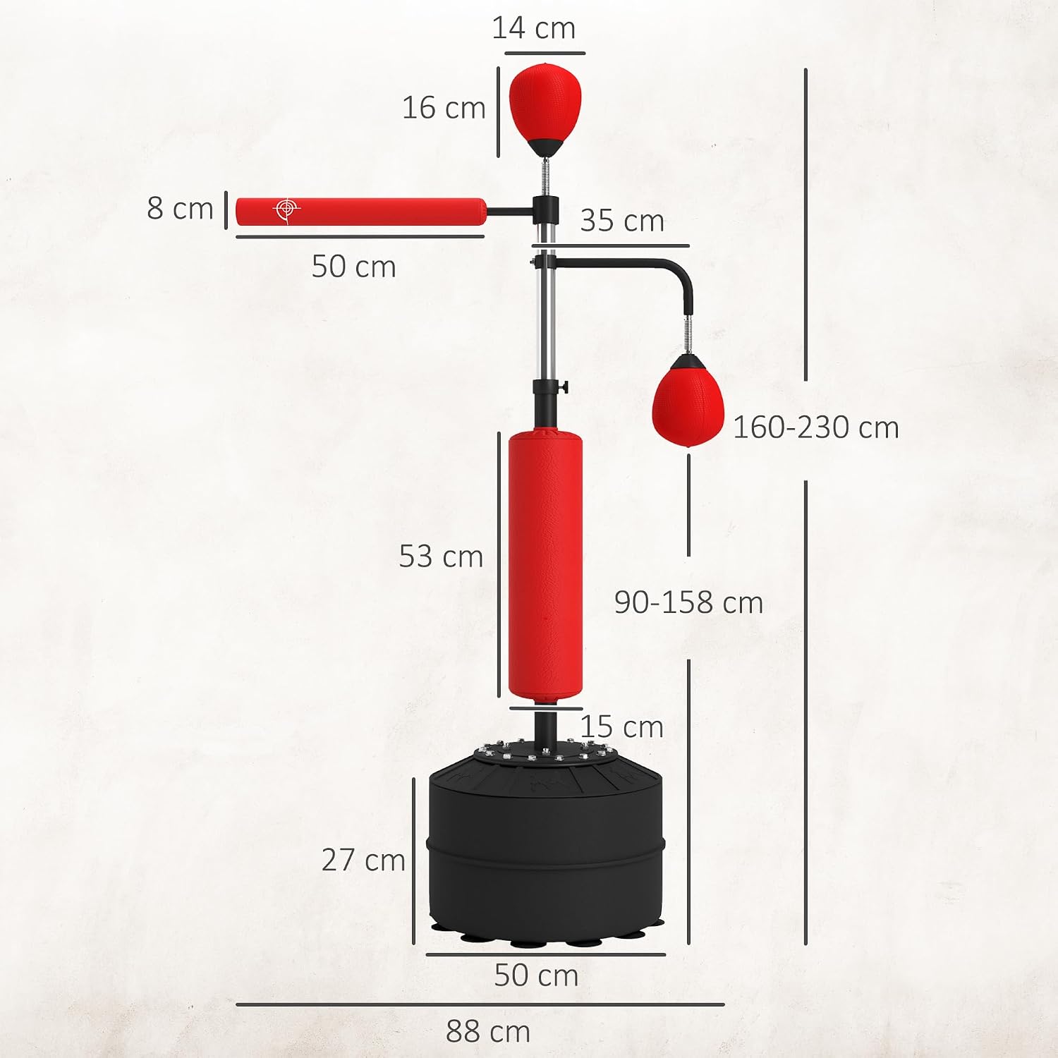 Thumbnail 6 de HOMCOM Sac de frappe sur pied 4 en 1 avec 2 balles de vitesse, barre rotative et hauteur réglable 160-230 cm