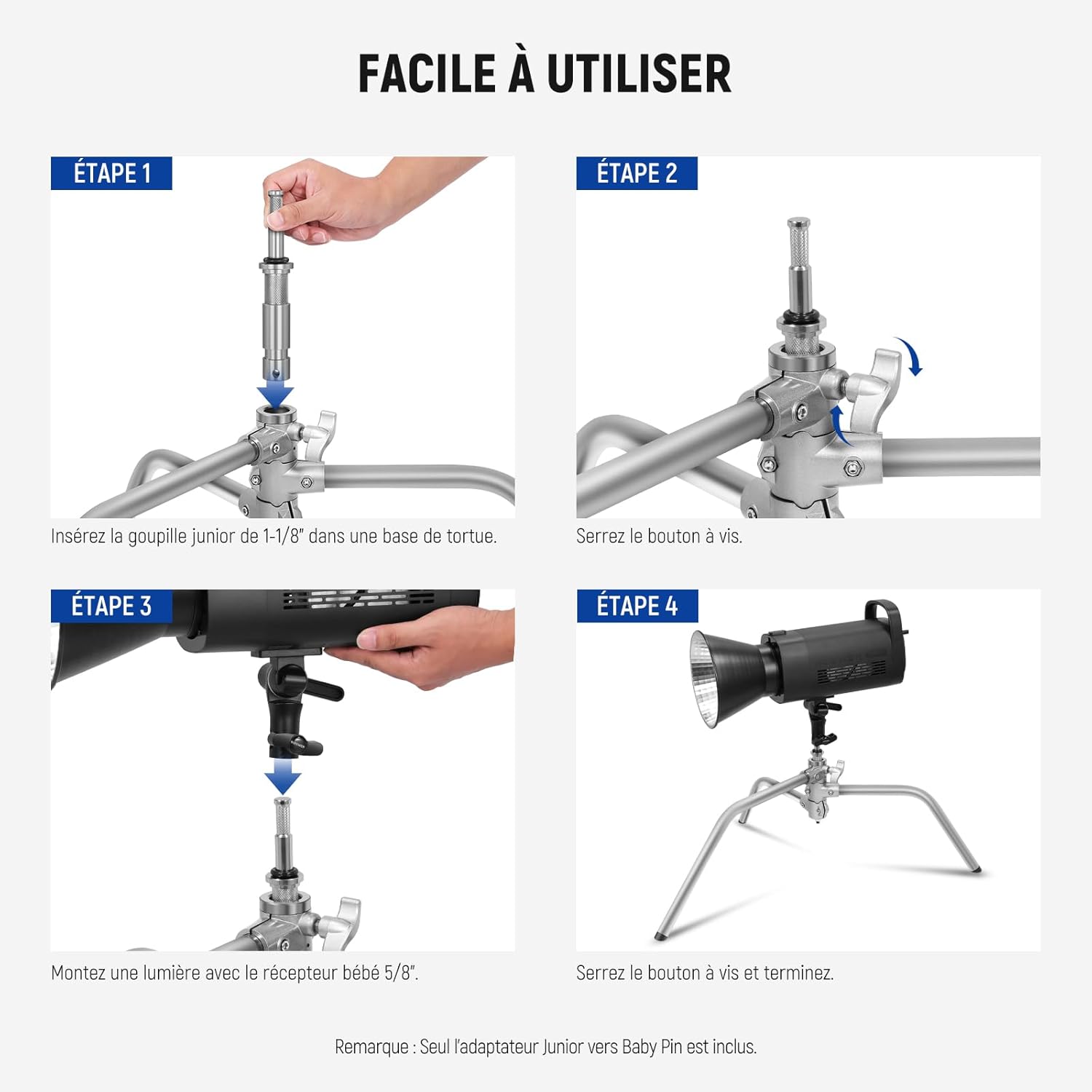 Detalle de NEEWER Adaptateur Junior vers Baby Pin (UA027) : passe de 1-1/8” à 5/8” pour C-stands et supports d’éclairage