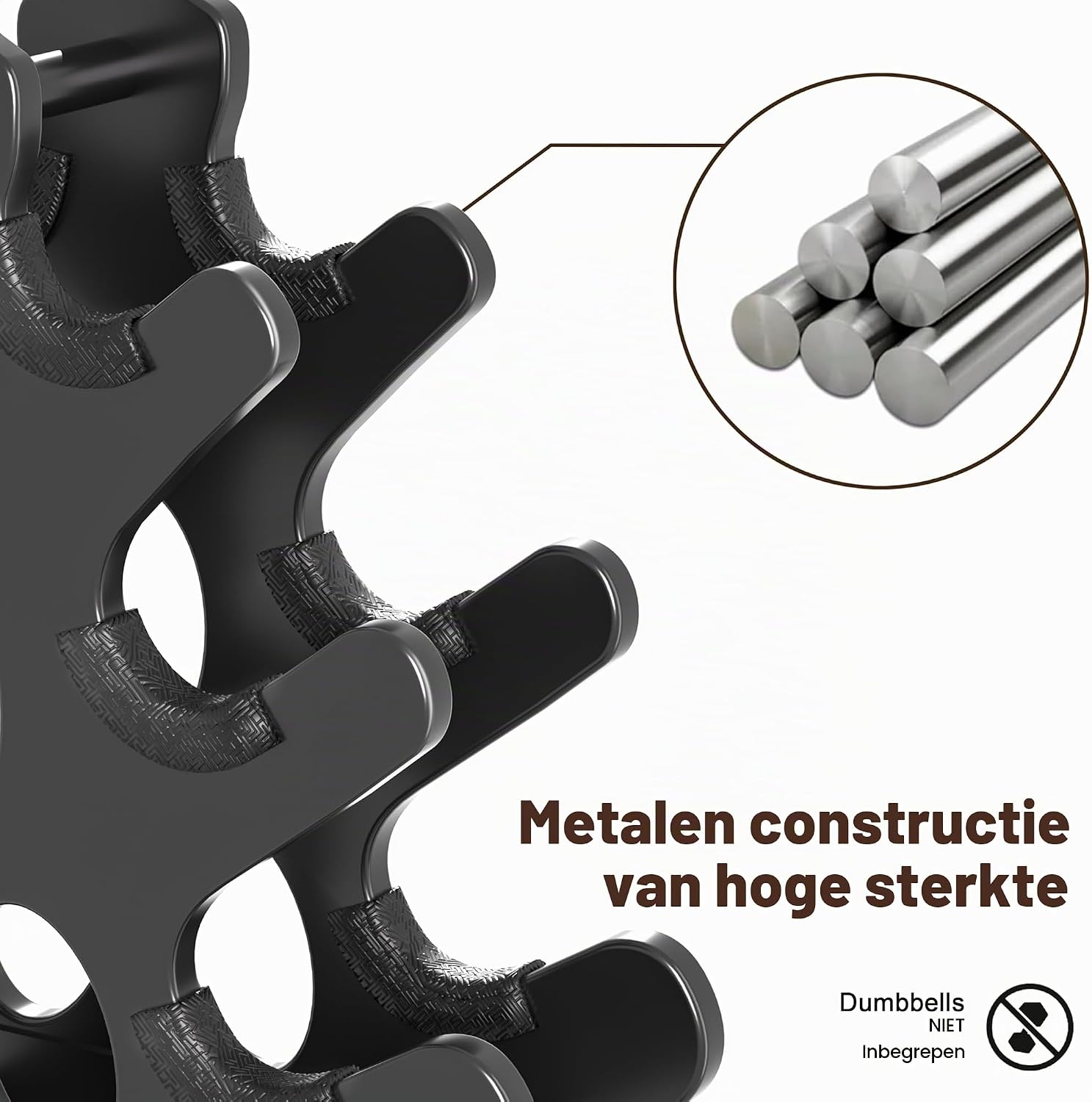 Detalle de Josmimic DR-CYD-5Tier halterstandaard met 5 niveaus en metalen A-frame