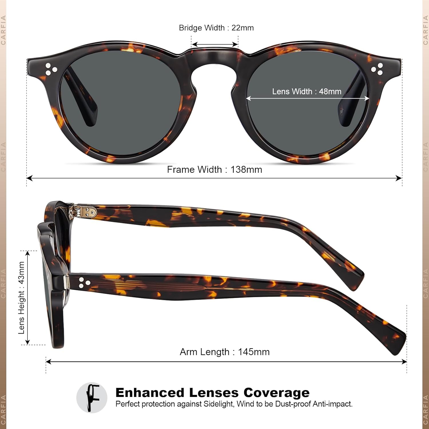 Thumbnail 3 de CARFIA Retro Polarised Round Sunglasses CA2306 – Handmade Italian Acetate for Small Faces