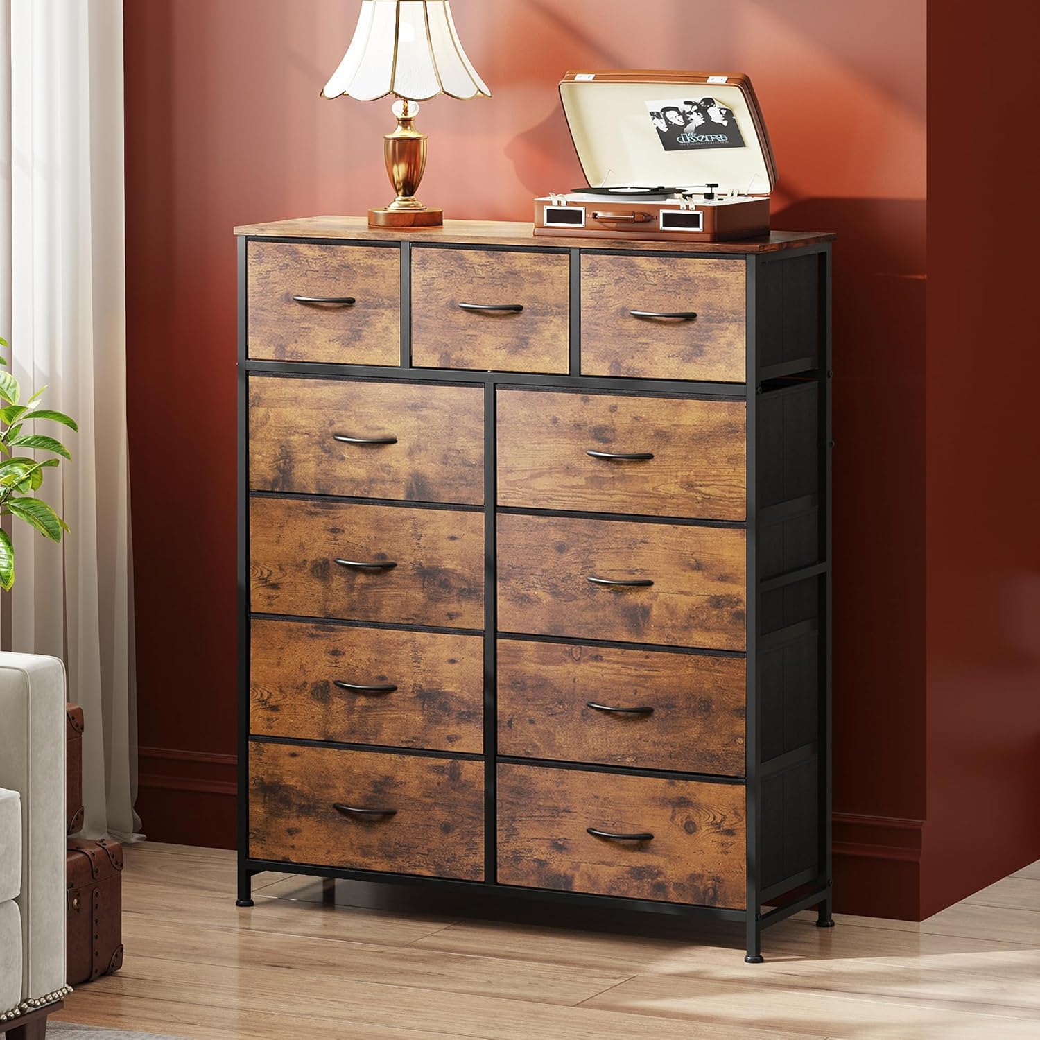Detalle 2 de WLIVE ASNG203 Tall Fabric Dresser, 11 Drawers, Rustic Brown