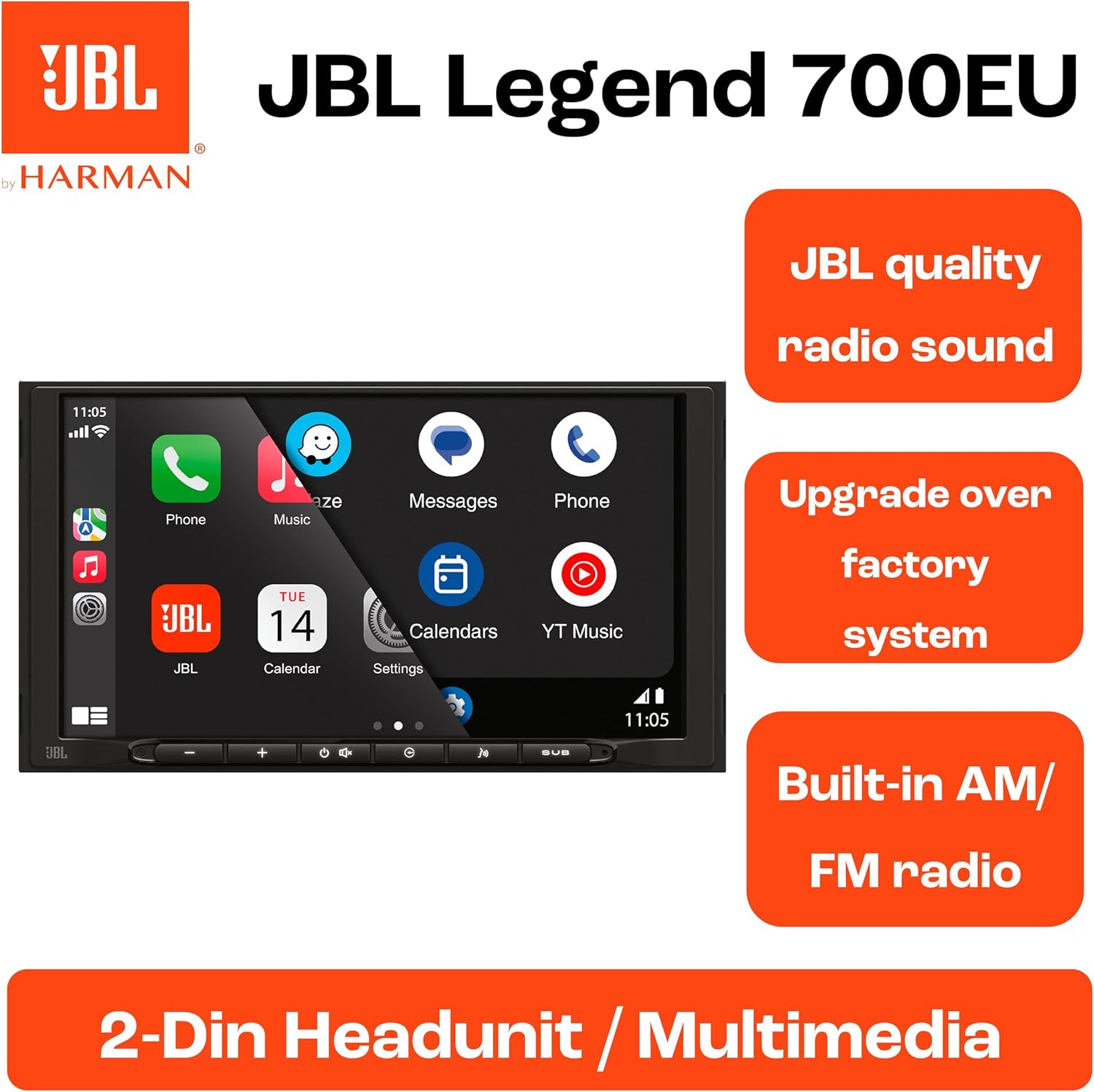 Detalle de JBL Legend 700: autoradio 2-DIN touchscreen 7" con CarPlay/Android Auto wireless e audio di livello