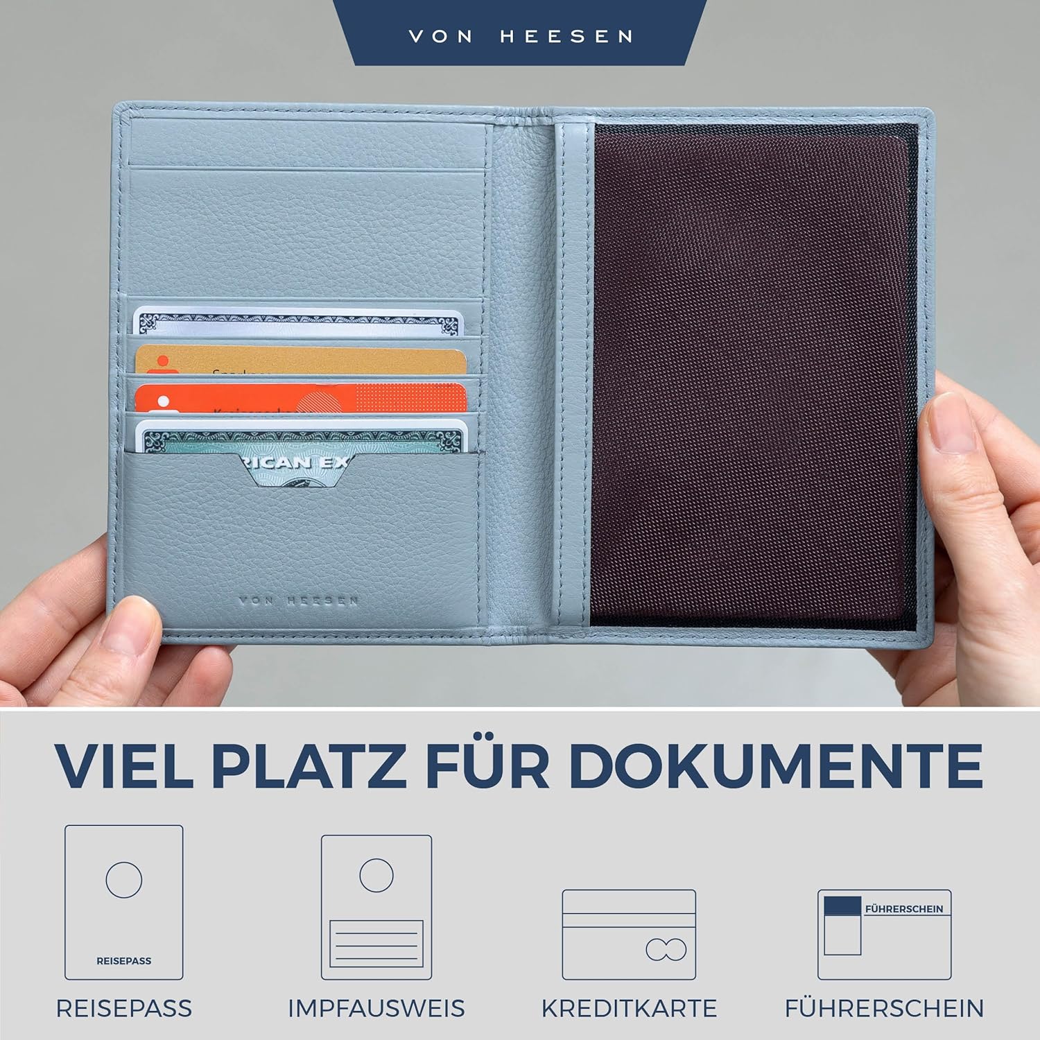 Detalle de VON HEESEN Reisepasshülle Leder Etui mit RFID-Schutz – Passhülle und Organizer aus Nappaleder (Hellblau)