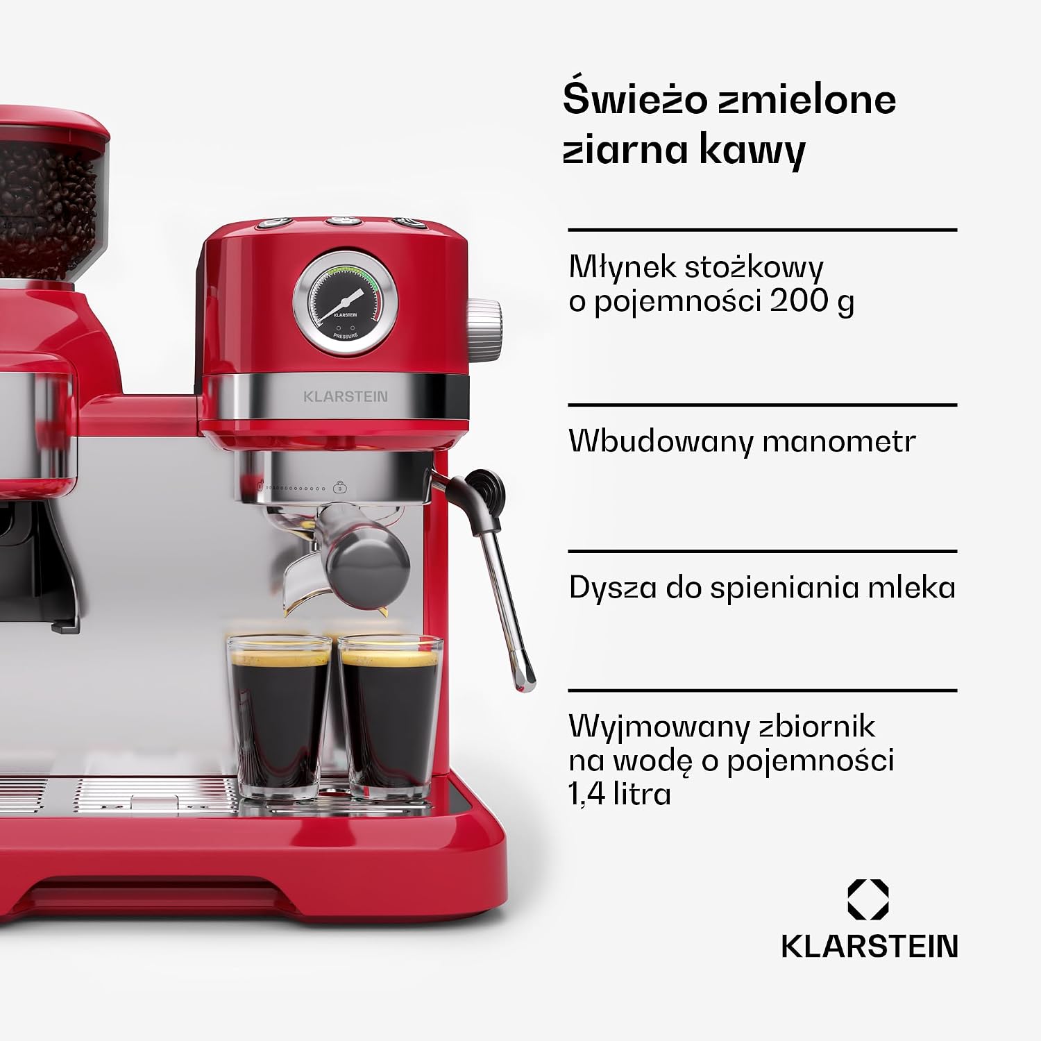 Detalle de Klarstein Bella Café Espresso Machine with 19-Bar Pressure, Grinder & Milk Frother
