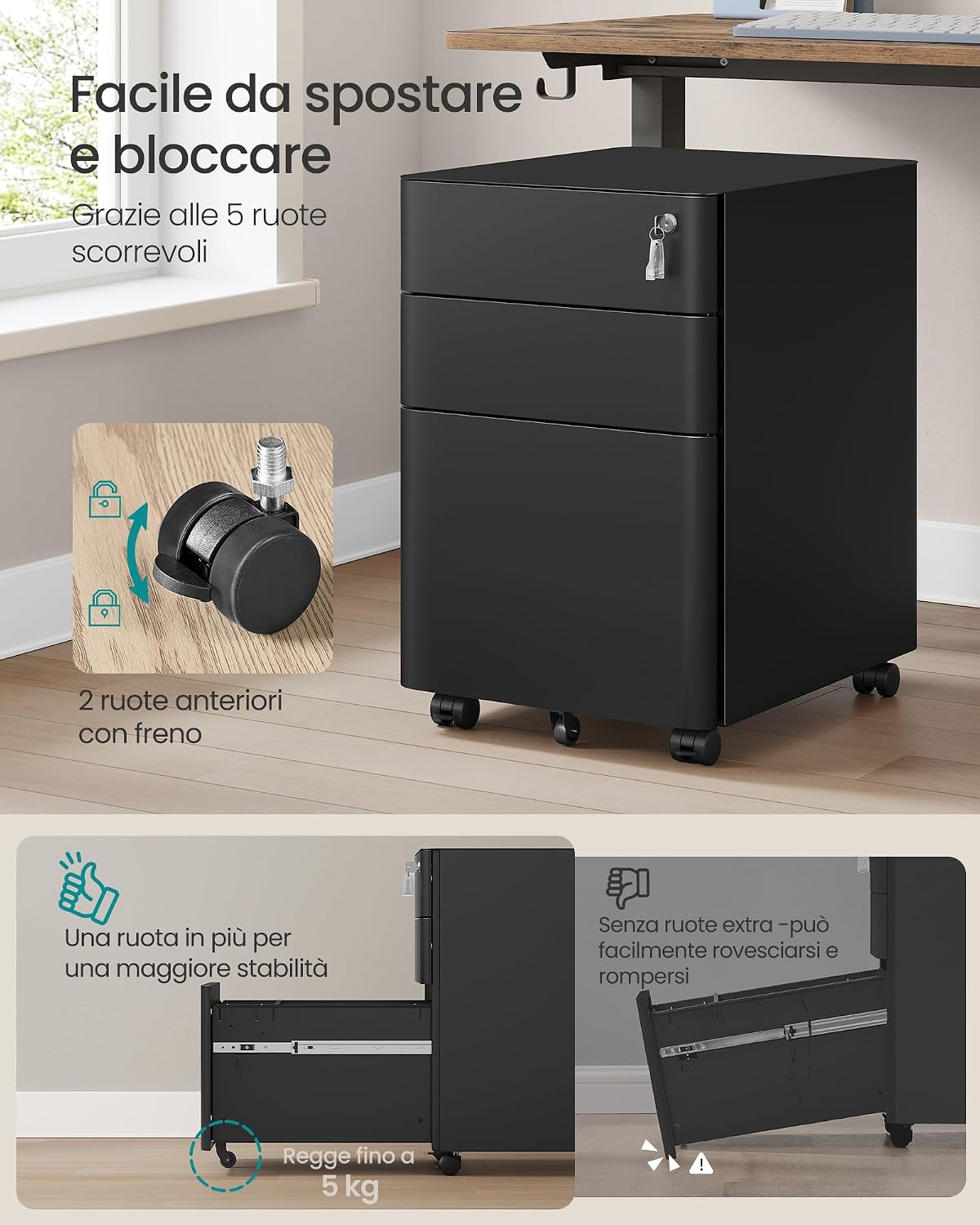 Detalle de SONGMICS Cassettiera da Ufficio in Acciaio BEREND OFC032B101 – 50 x 39 x 59 cm, Nero Opaco