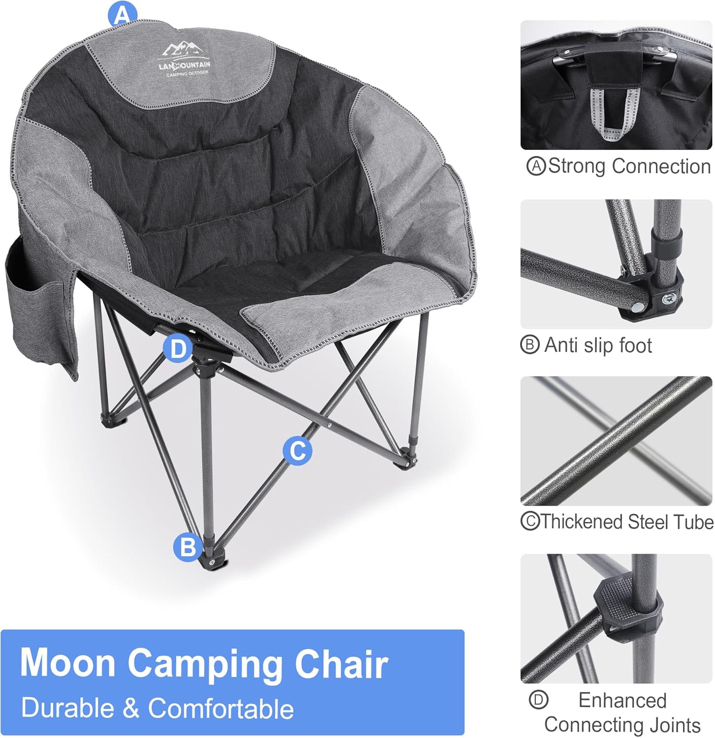 Thumbnail 3 de LANMOUNTAIN Moon Camping Chair – Portable Round Folding Chair with Cup Holder & Cooler Bag (Black)