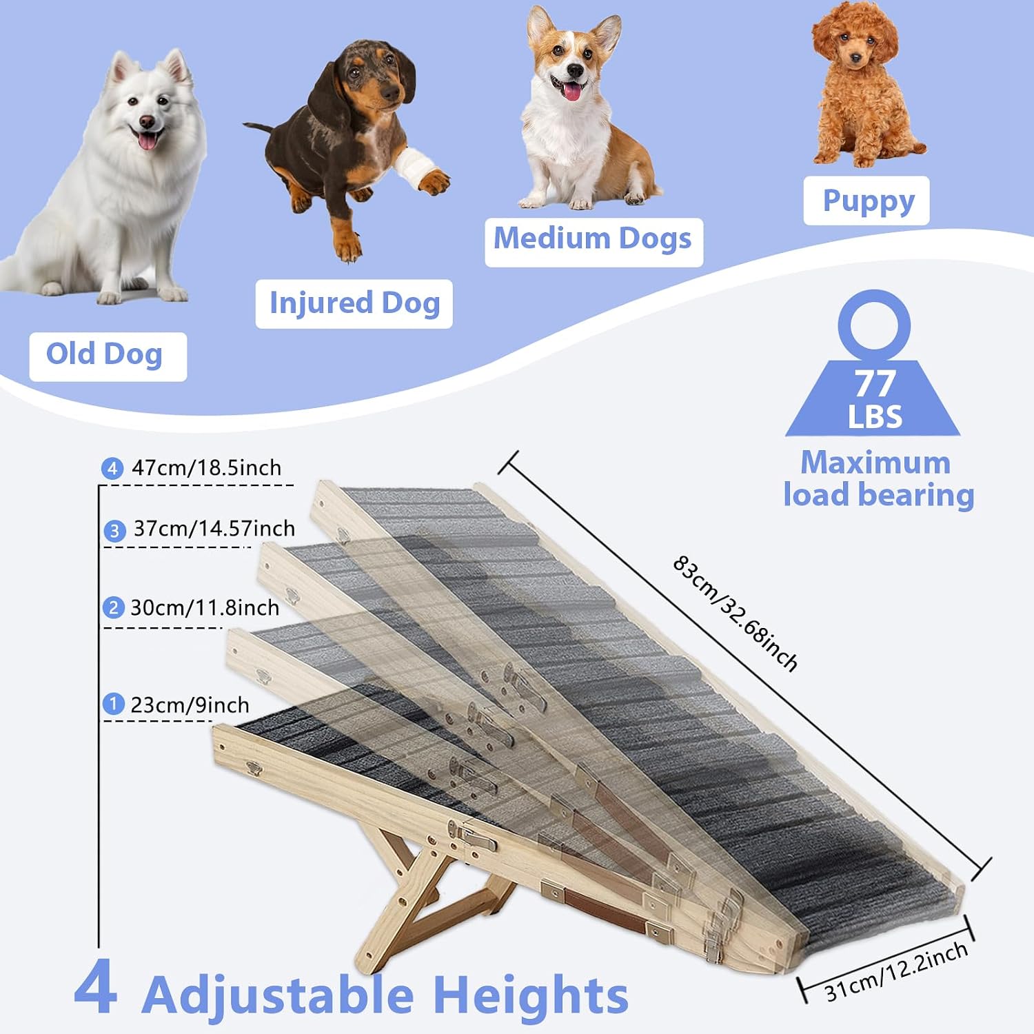 Detalle de Dog Ramp – Portable Folding Wooden Pet Ramp, Adjustable 9"–18.5" for Small to Medium Dogs