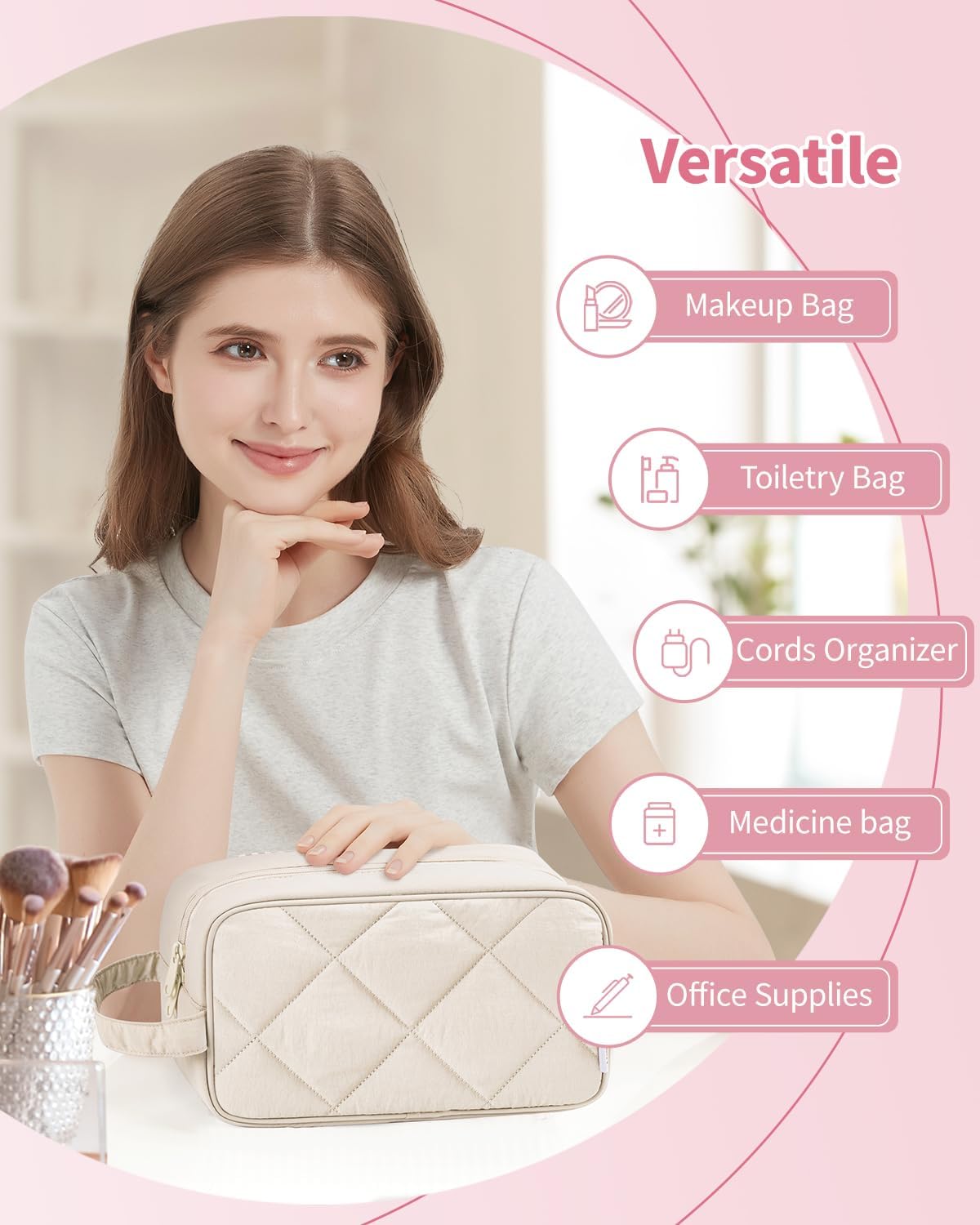Detalle 2 de Narwey Große Kosmetiktasche – wasserdichter Kulturbeutel mit Reißverschluss (Beige)