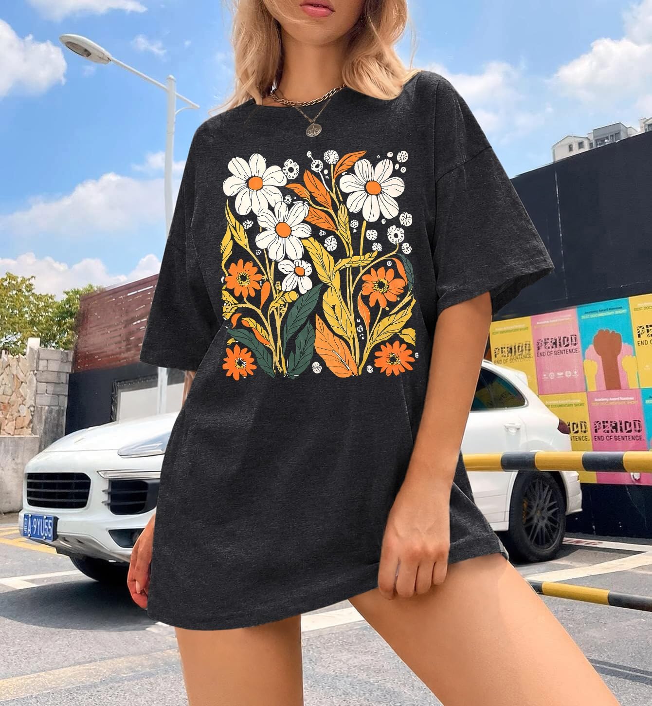 Detalle 2 de UNIQUEONE Oversized Floral Graphic T-Shirt for Women, Cotton Blend