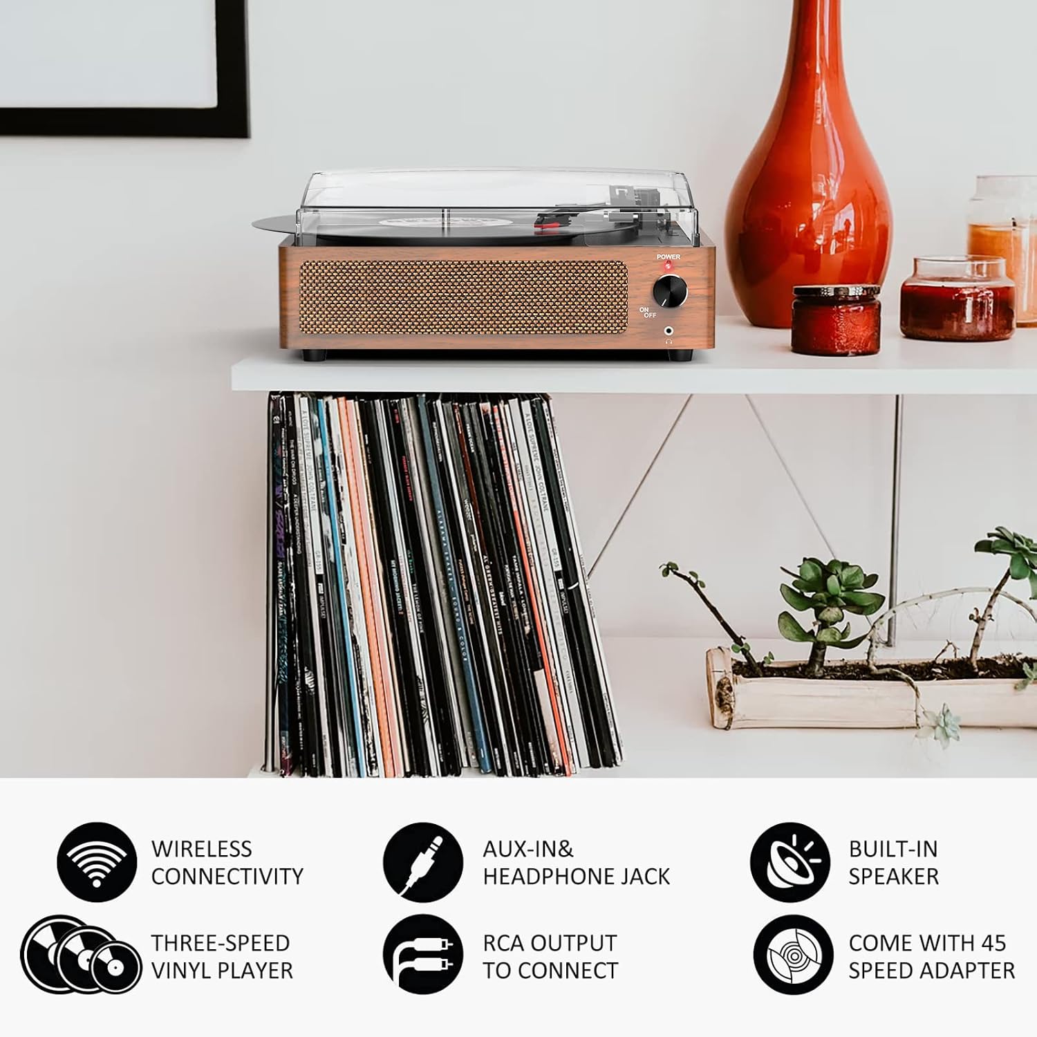 Detalle de Vinyl Record Player with Speakers: Vintage 3-Speed Belt-Driven Turntable with Bluetooth