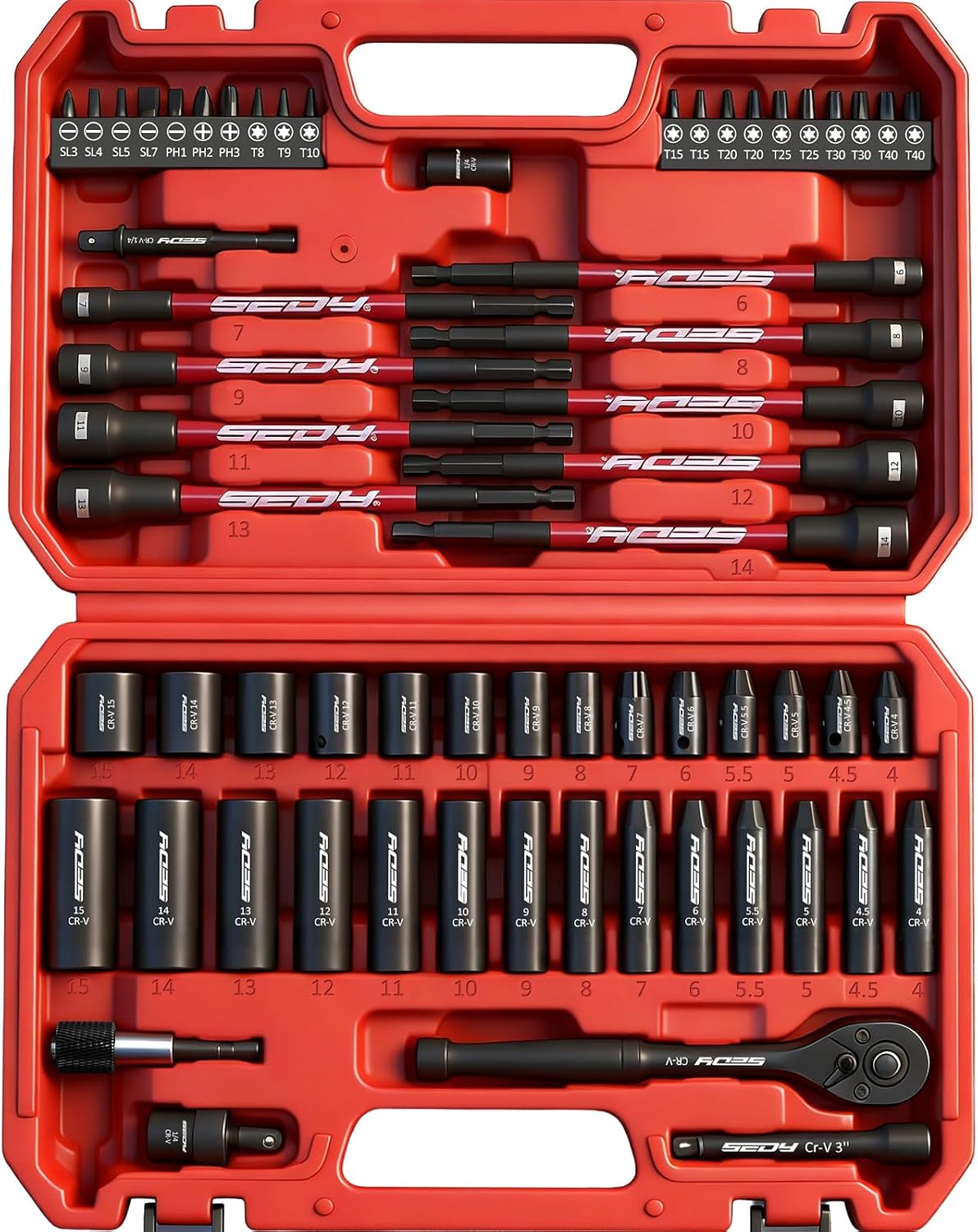 Detalle de SEDY 63-Piece 1/4" Metric Socket Set with Deep Sockets and Magnetic Nut Drivers